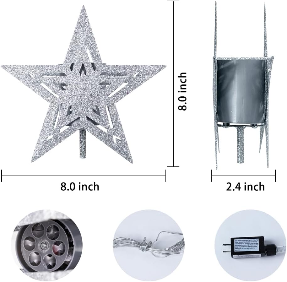 hogardeck Christmas Tree Topper, 3D Silver 5-Pointed Star Tree Topper Lighted with Hollow Glitter Projector for Christmas Treetop, LED Snowflake Tree Topper for Christmas Tree Decorations