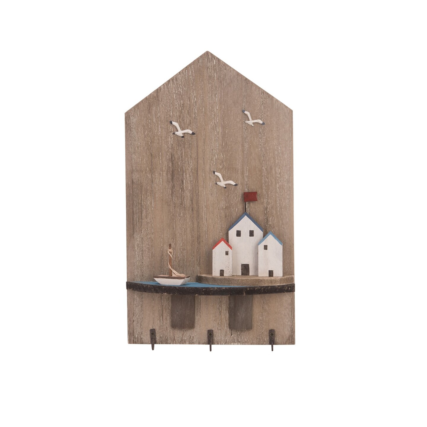 15&#x22; WOOD SEASIDE VILLAGE 3 HOOK PLQ Small