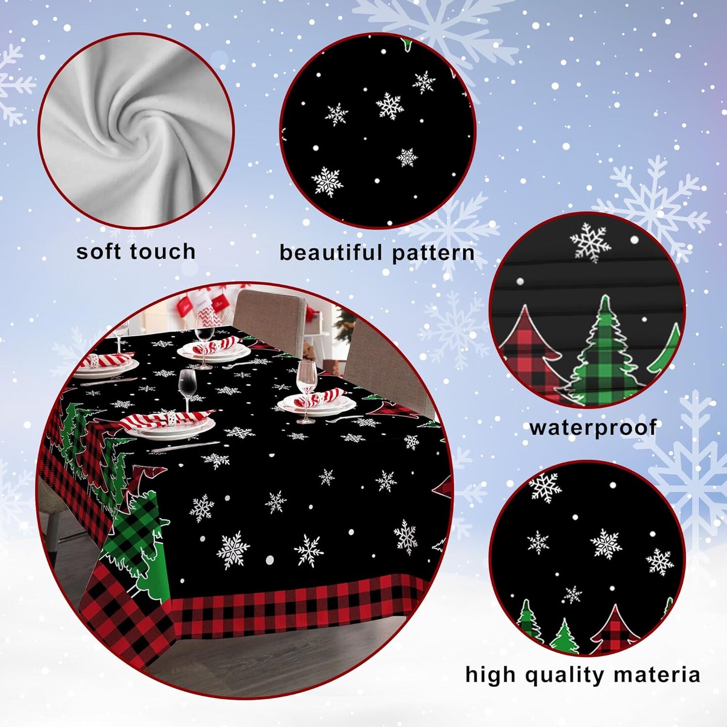 Christmas Tablecloth, Christmas Trees Table Cloth Rectangle 60x84 inch, Black Buffalo Plaid Oblong Winter Xmas and Snowflake Kitchen Christmas Table Decorations for Home, Dinner, Party