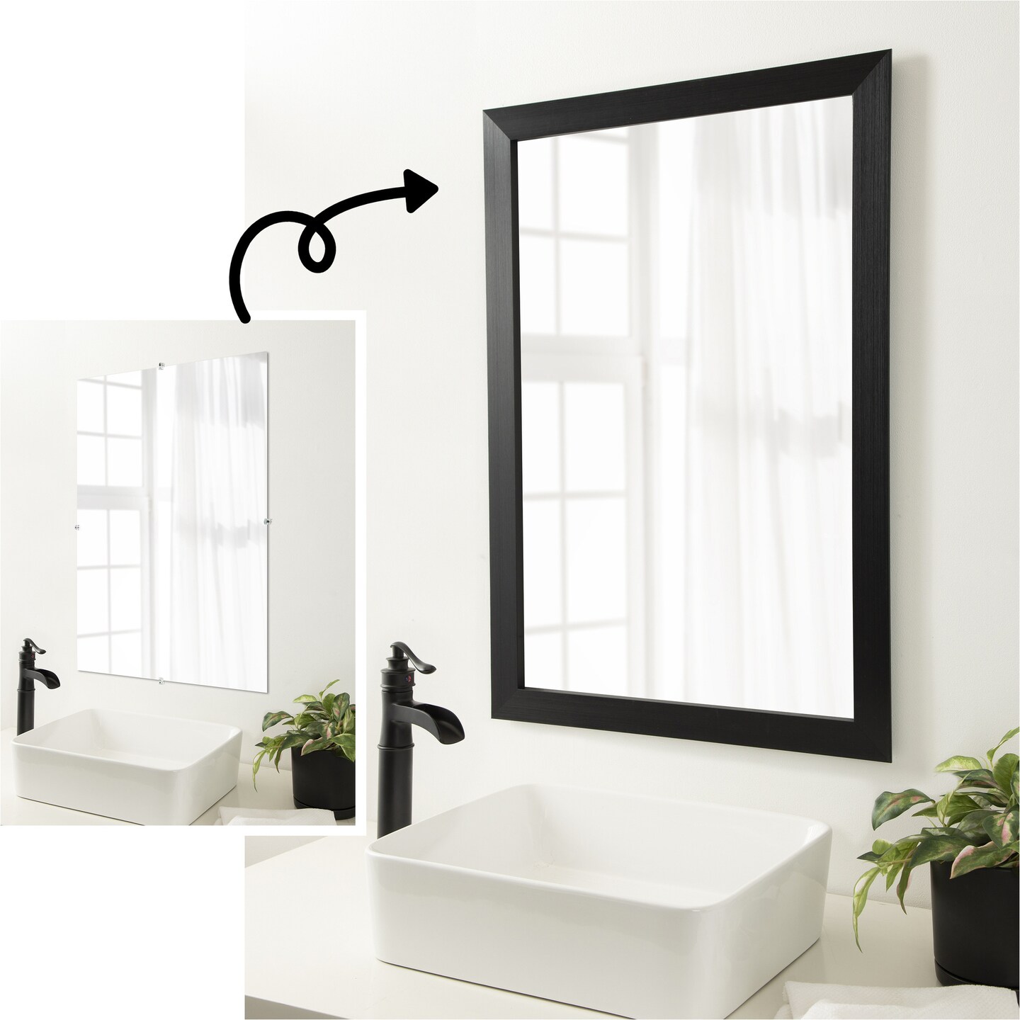 Amanti Art Mirror Makeover Bathroom Mirror Frame Border Kit - Fully Assembled Peel and Stick Frame - Mirror NOT Included - Brushed Black or Nickel Trim