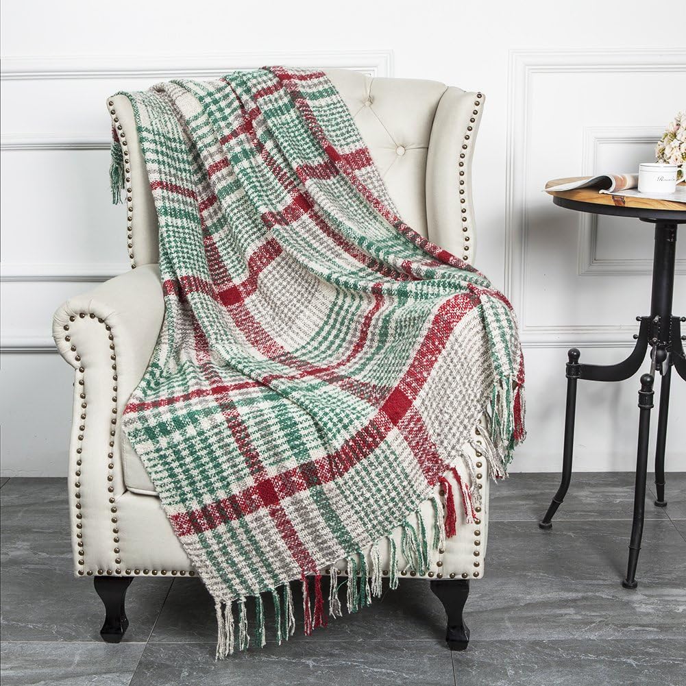 Green Red Plaid Blanket Throw Acrylic Soft Reversible Dyed Fringed Bed Blanket for Christmas Indoor Decorations 50" W x 67" L -Christmas Color