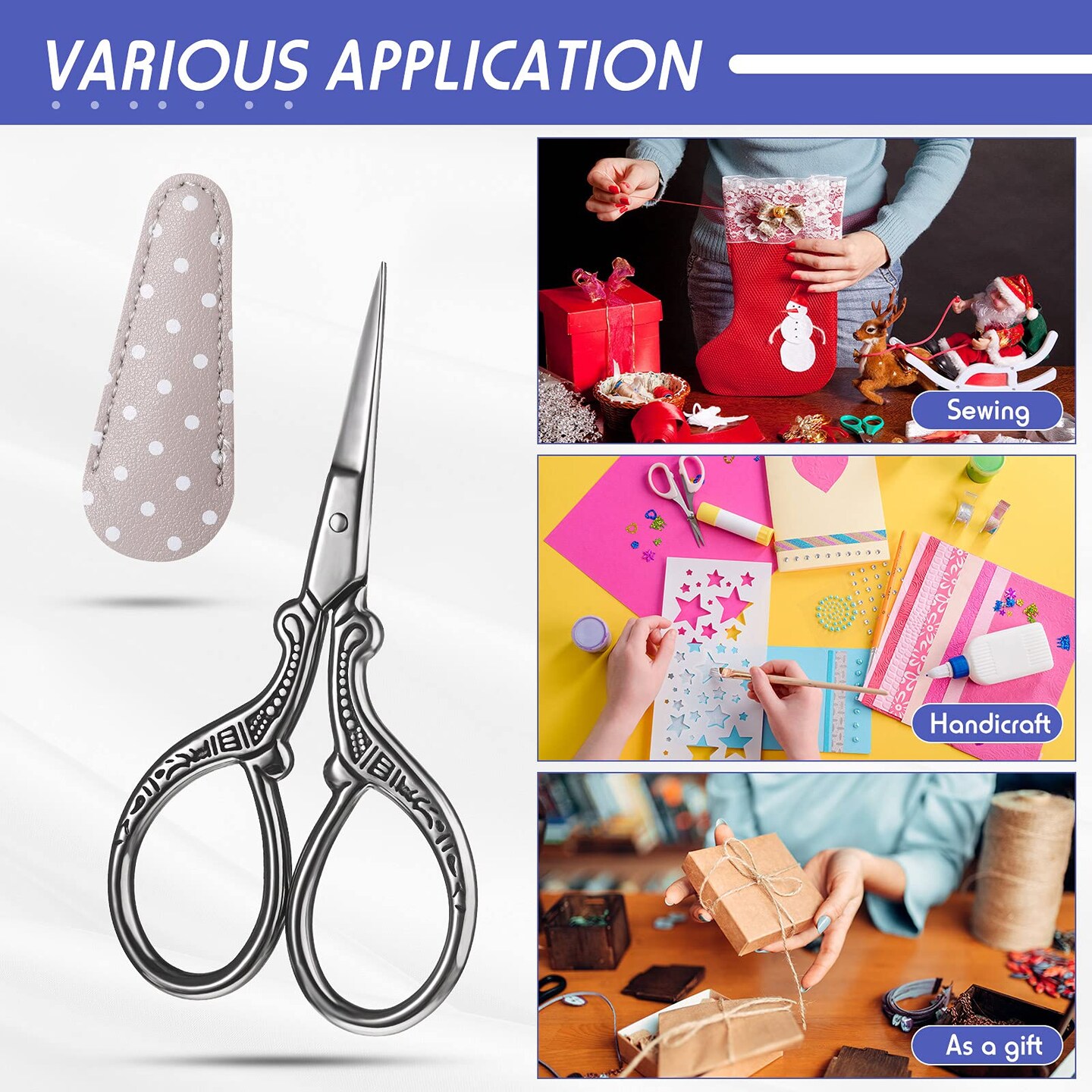 4 Pcs Sewing Embroidery Scissors with 4 Pcs Artificial Leather Cover 3.6 Inch Stainless Steel Stork Scissors Vintage Embroidery Scissors for Needlework, Manual Sewing Handicraft (Retro Colors)
