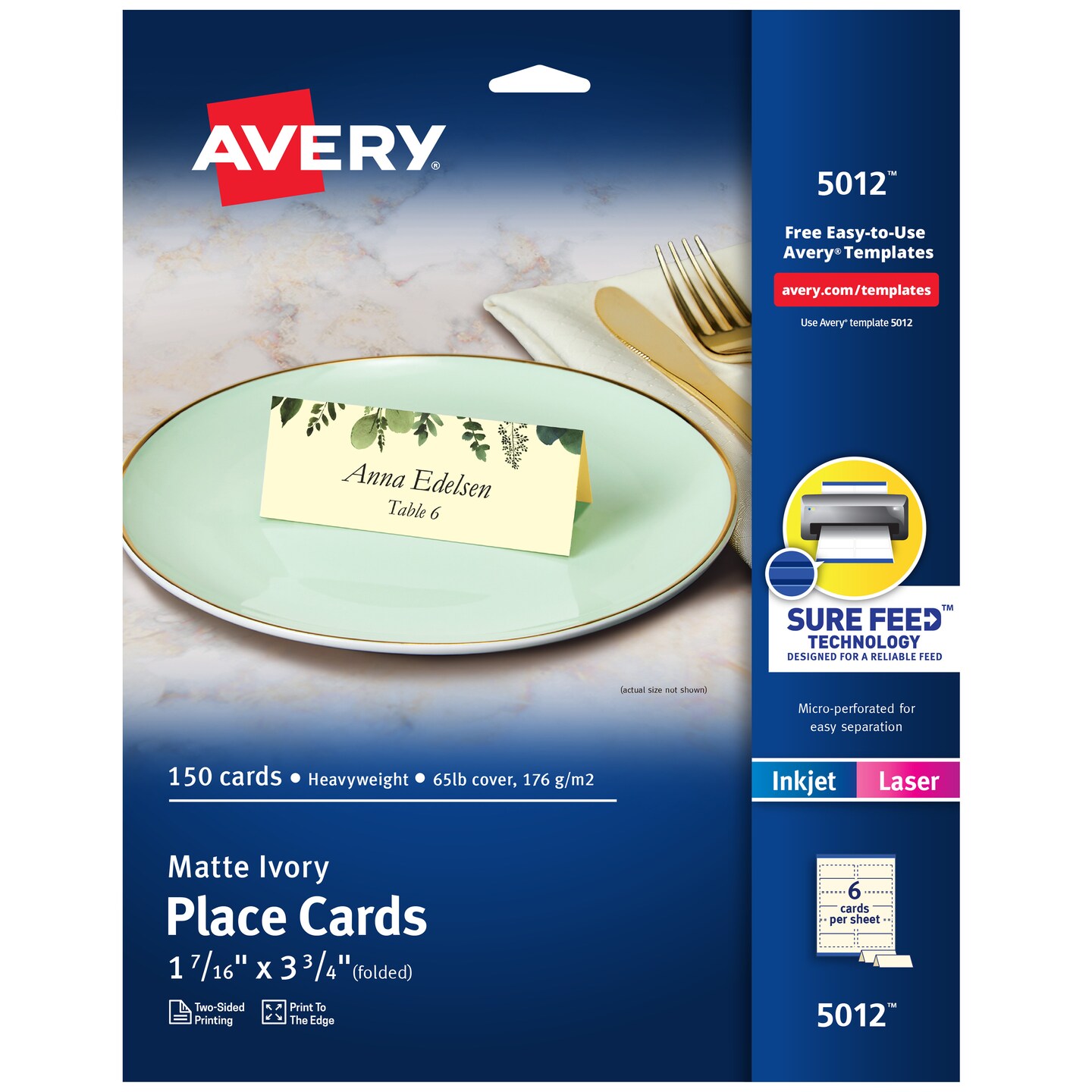 Avery Printable Place Cards with Sure Feed Technology, 1-7/16" x 3-3/4", Textured Ivory, 150 Blank Tent Cards for Laser or Inkjet Printers (5012)