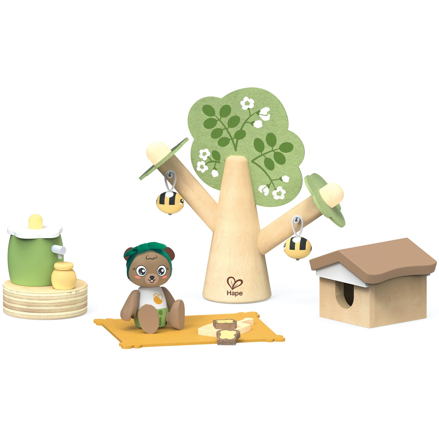 Hape: Honey Bees Picnic - 10pc Wooden Nature Pretend Play Toy, Bee &#x26; Beehive, Bear Figurine, Make Honey, Green Planet Explorers, Playset, Kids Ages 3+