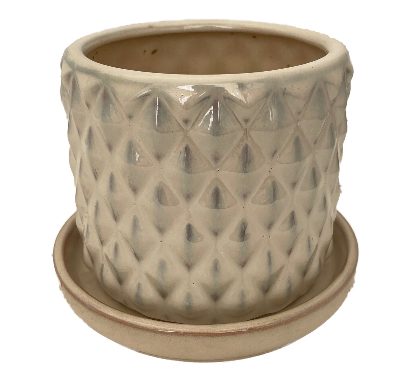 Diamond Pearl Ceramic Pot with Attached Saucer - 4.5" x 4.25"