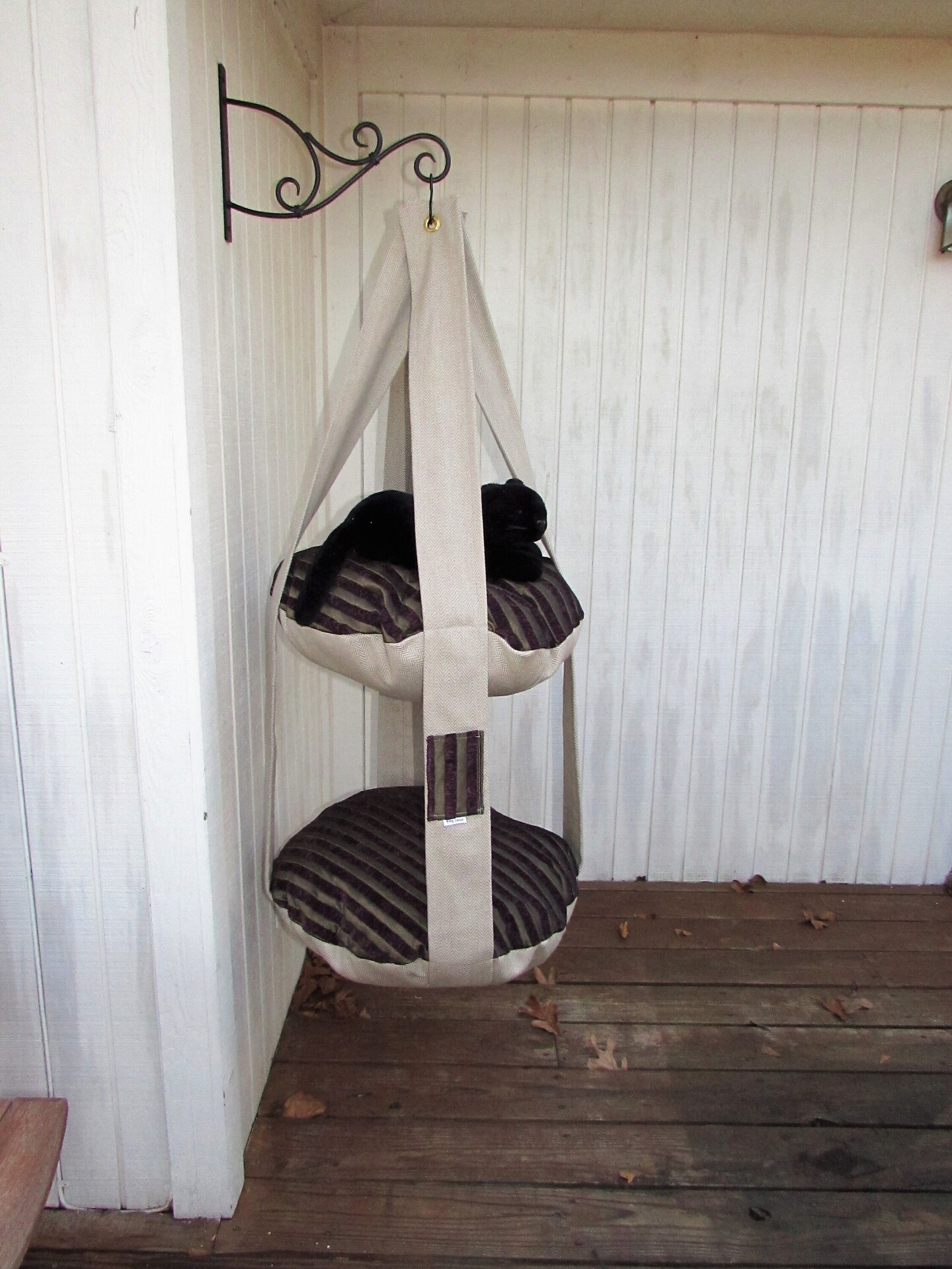 product name is Cat Bed, Purple Olive Green Stripe Double Hanging Kitty Cloud