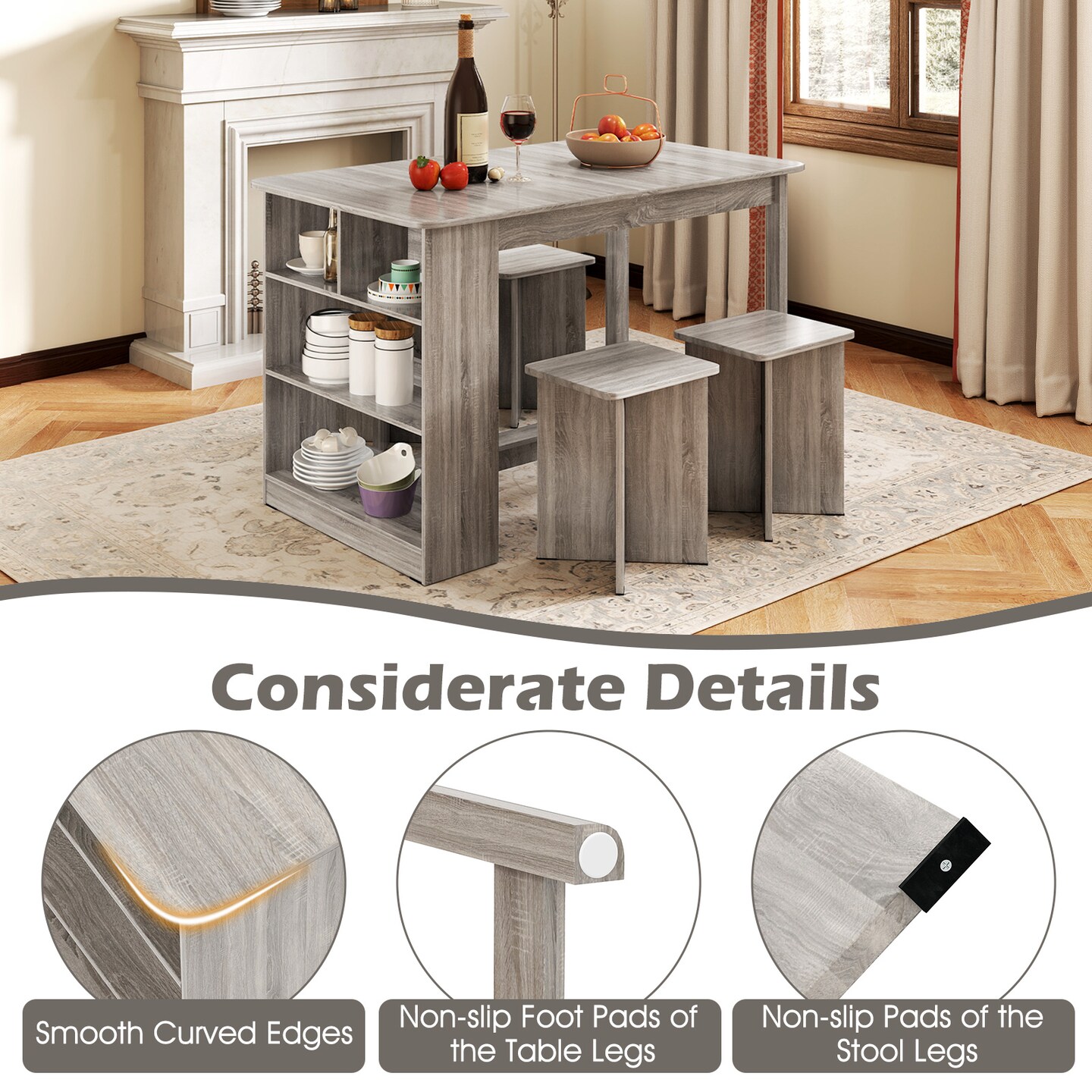 5-Piece Dining Set with Stools and Storage Shelf for Small Spaces