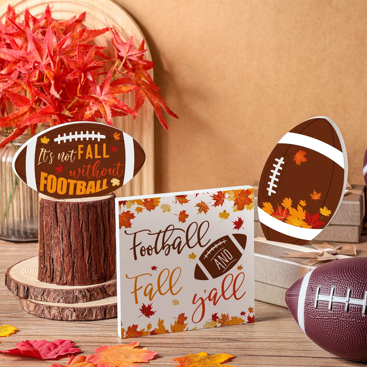 3 Pieces Fall Decor Football Decor Thanksgiving Fall Tiered Tray Decor Orange Maple Wooden Table Centerpieces Farmhouse Rustic Decor Decorative Table Decorations for Autumn Harvest Table Shelf (Classic)