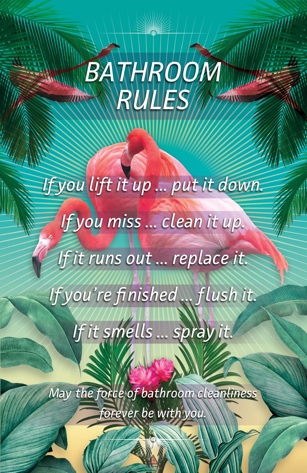 Bathroom Rules Poster Pink Flamingos Wall Decor Art Print, 11"x17", Unframed