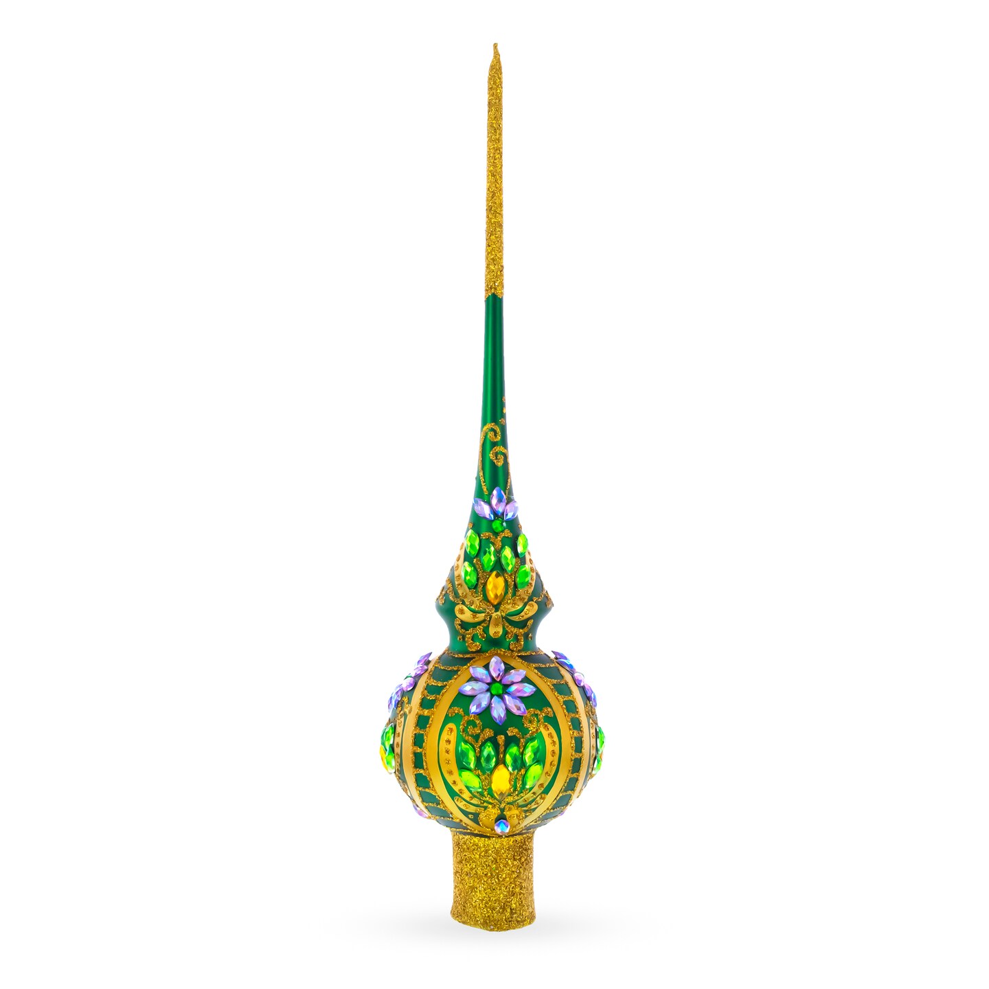 Enchanted Emerald Jeweled Green Blown Glass Christmas Tree Topper 11 Inches