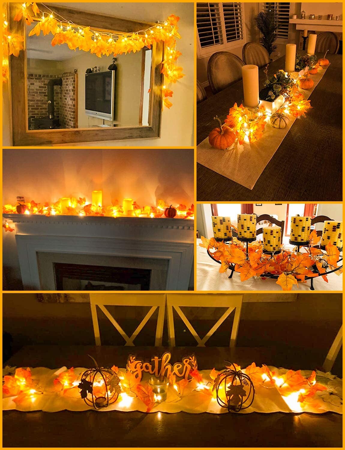 Fall Decor Lighted Fall Garland, Total 16.4Ft 40 LED Thanksgiving Decorations Halloween String Lights, Friendsgiving Gift Thanksgiving Decor for Home Holiday Autumn Garland Indoor