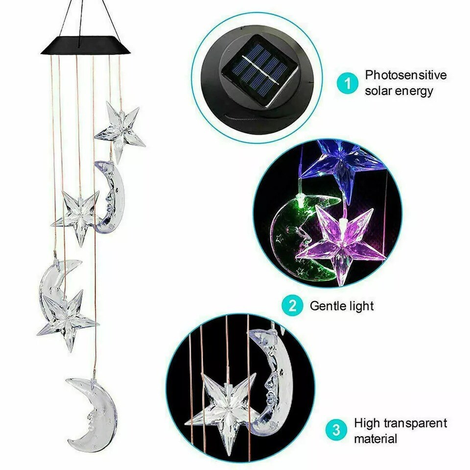 Solar Lamp Color Changing LED Moon-star Wind Chimes Outdoor Home Garden Decor