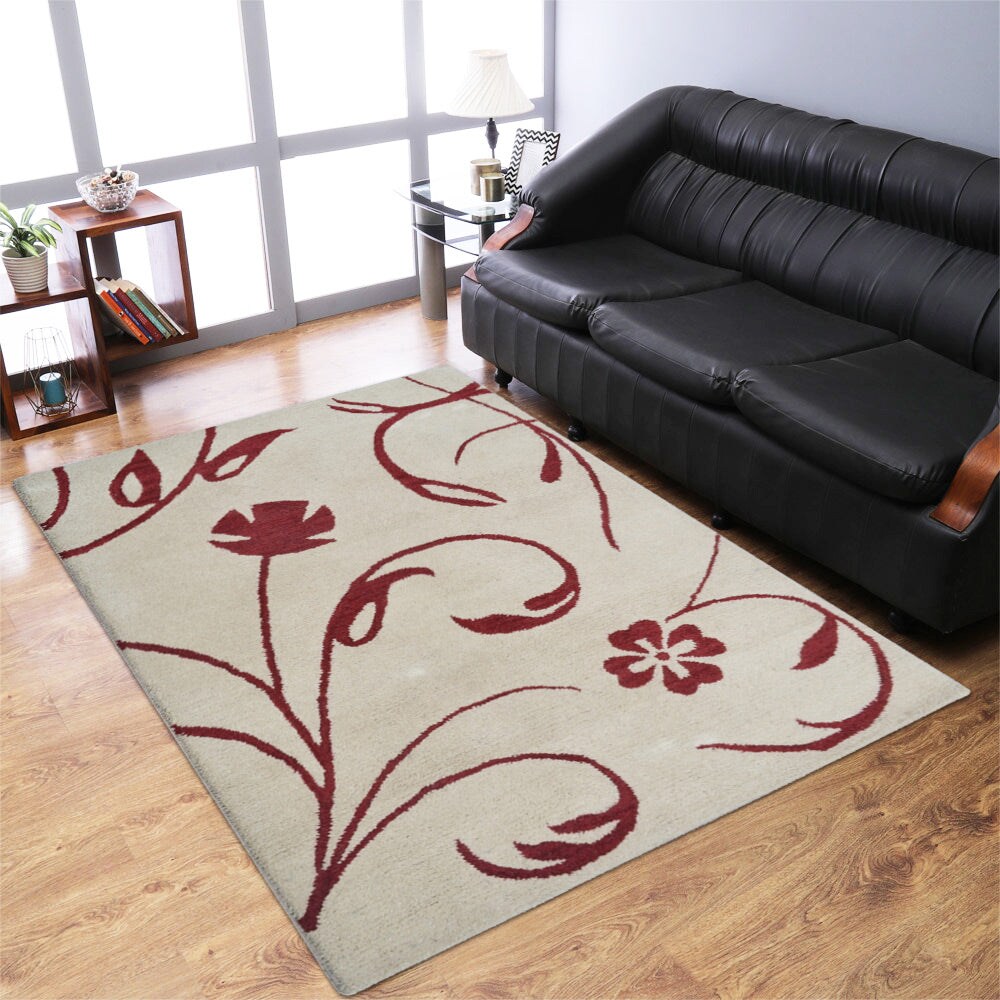 Hand Tufted Wool Area Rug Beige Red Floral Style 5X8 K00733 Eco-Friendly