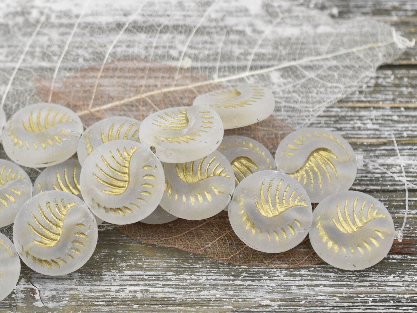 *6* 19mm Gold Washed Matted Crystal Fossil Coin Beads