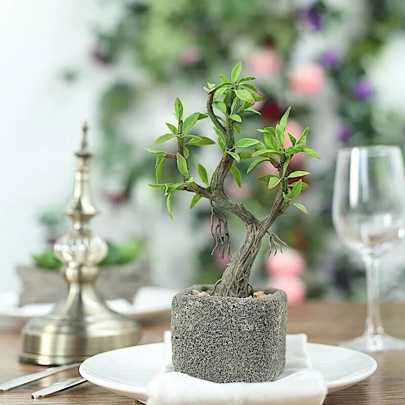 9-Inch tall Brown Concrete Planter Pot Green Artificial Mini Willow Tree
