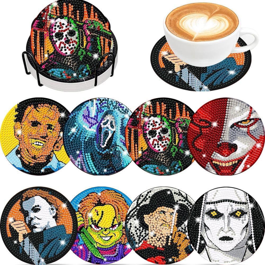 8 PCS Halloween Diamond Art Coasters - DIY Horror Diamond Painting Coasters Kits with Holder, Small Diamond Dot Coasters for Adults Beginners Art Craft Supplies
