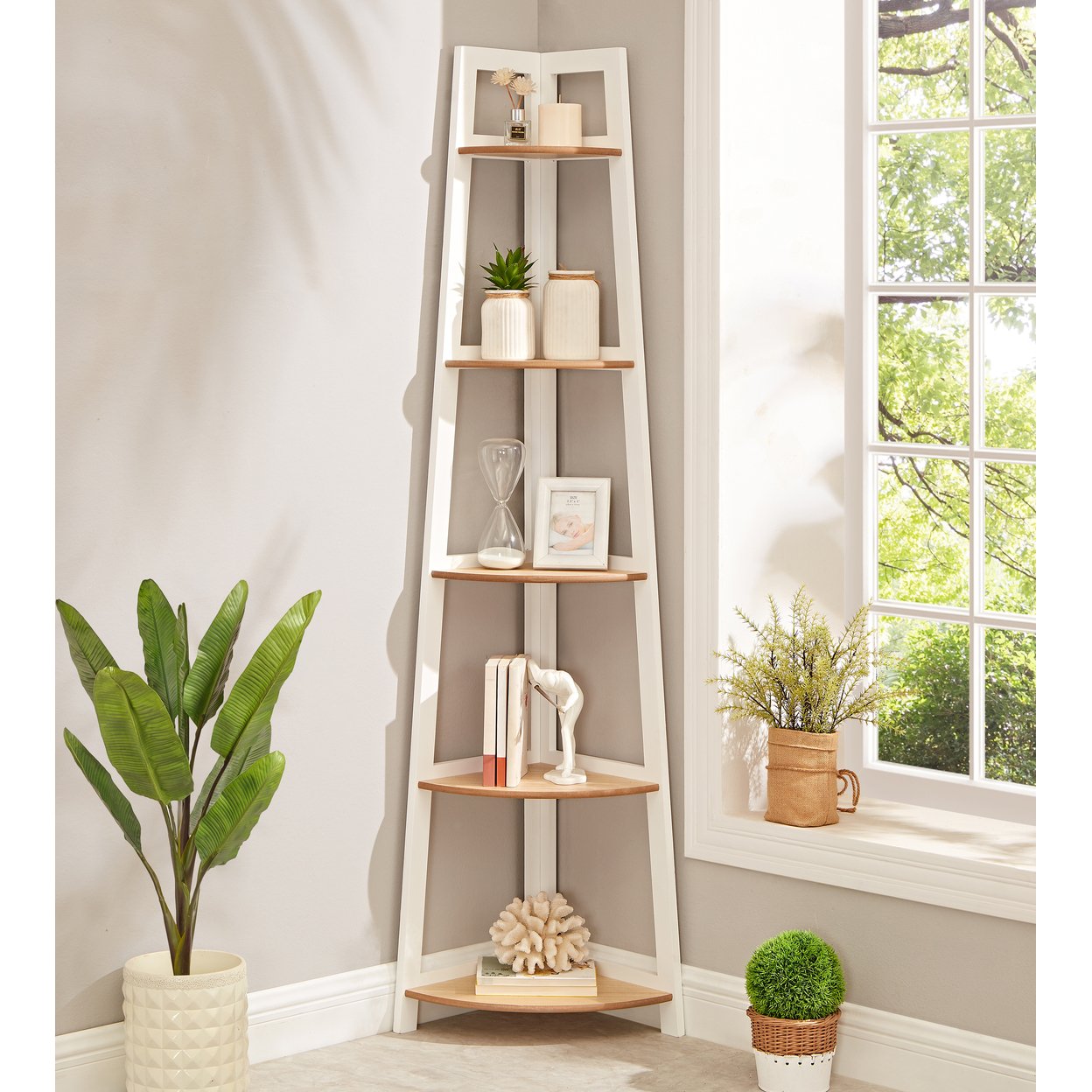 Loft Lyfe Haroon Corner Bookshelf ,Multifunctional Storage Organizer In White/Natural