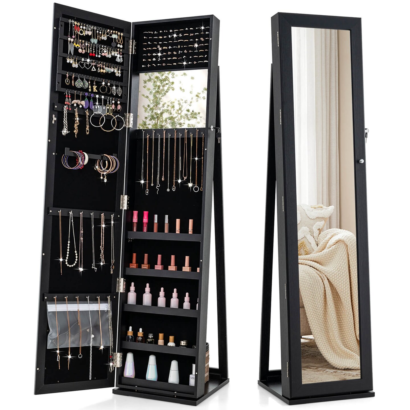 Costway Mirrored Jewelry Cabinet Armoire Lockable Standing Storage Organizer with Shelf Black White Coffee Dark Brown