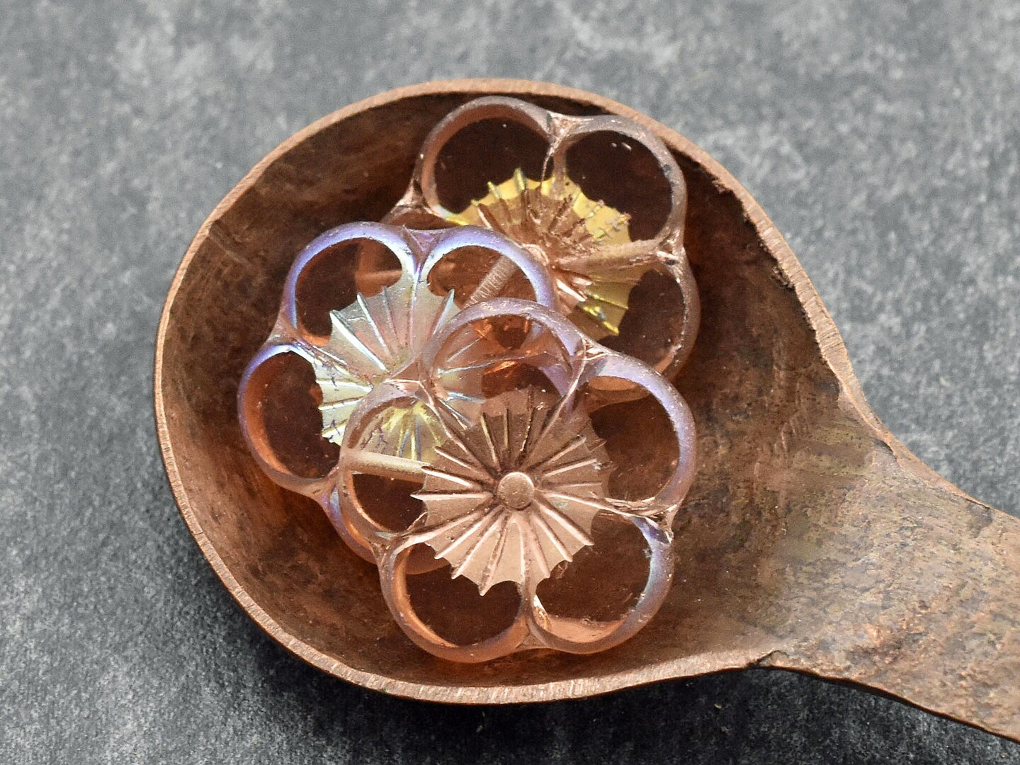 *2* 22mm Copper AB Washed Translucent Rosaline Table Cut Hawaiian Flower Beads
