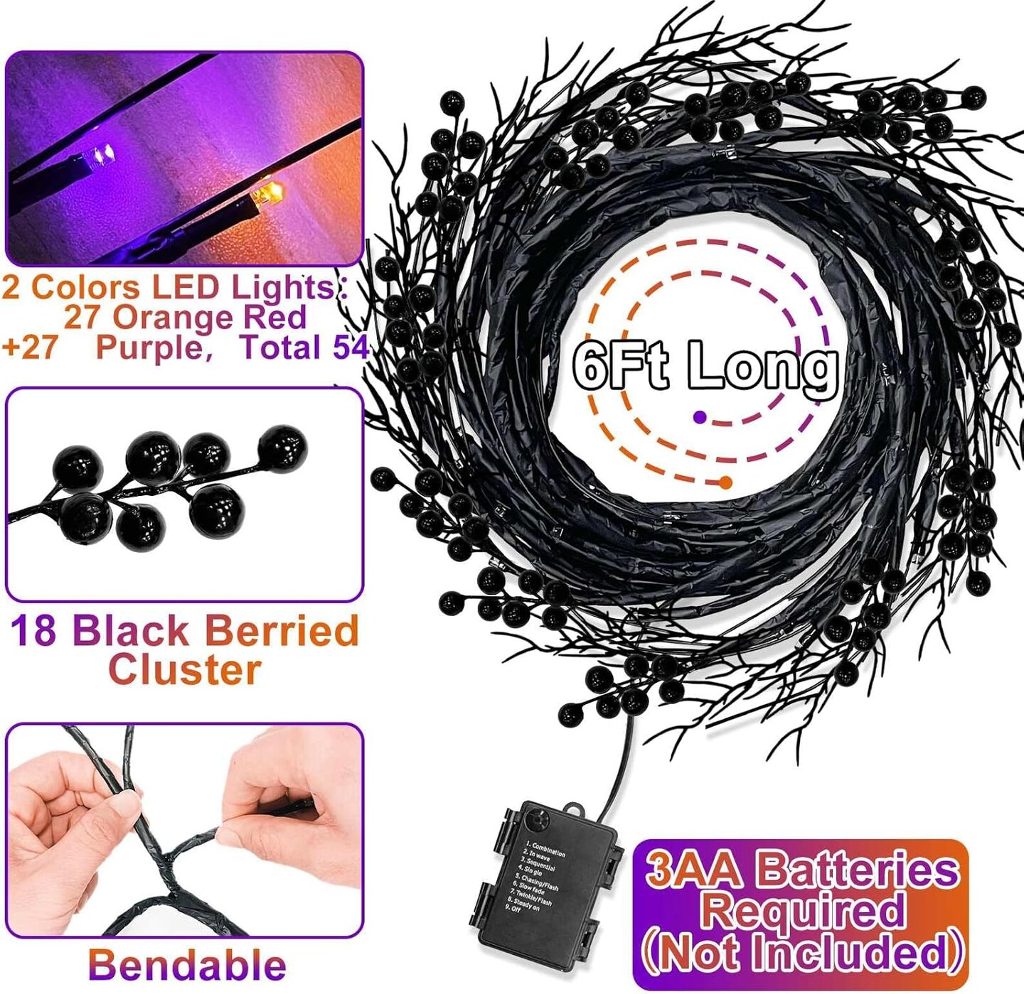 [ Remote Control &#x26; Timer ] Halloween Willow Vine Twig Decorations Branches Garland 6 Ft 54 LED Orange &#x26; Purple Lights 8 Modes Waterproof Battery Operated for Wall Fireplace Indoor Halloween Decor