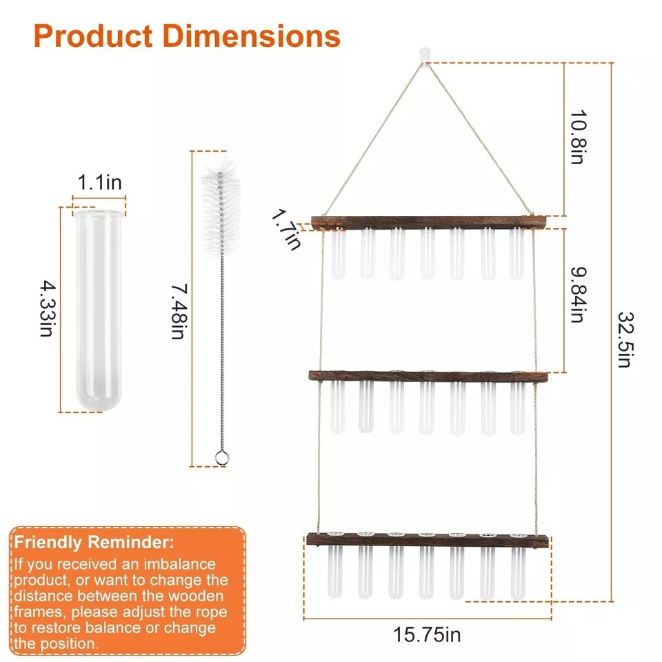 3 Tier Wall Hanging Planter Glass Test Tube Vase Plant Propagation +Wooden Stand