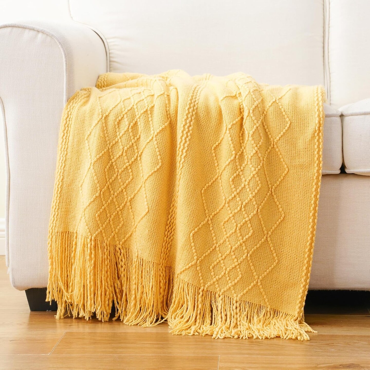 Mustard Yellow Throw Blanket for Couch Decorative Gold Throw Blankets Boho Knit Throw for Sofa Bed Fall Throw Blanket 50 X60