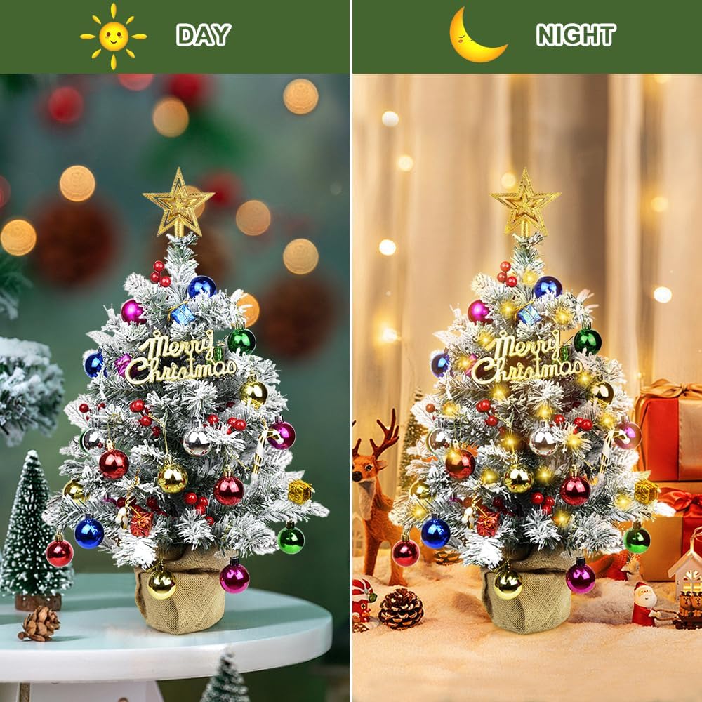 2 FT Pre-lit Snow Flocked Artificial Mini Christmas Tree Tabletop Decor