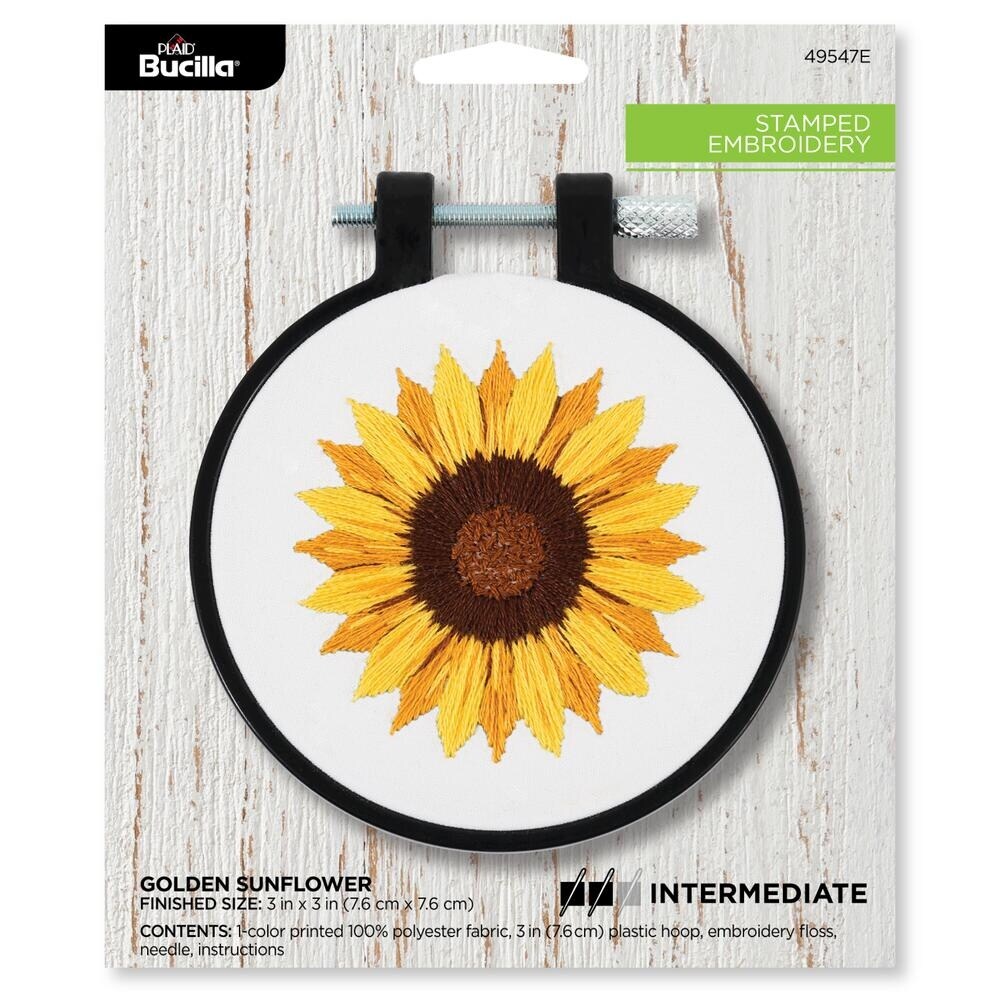 Bucilla Stamped Embroidery Kit W/3" Plastic Hoop-Golden Sunflower