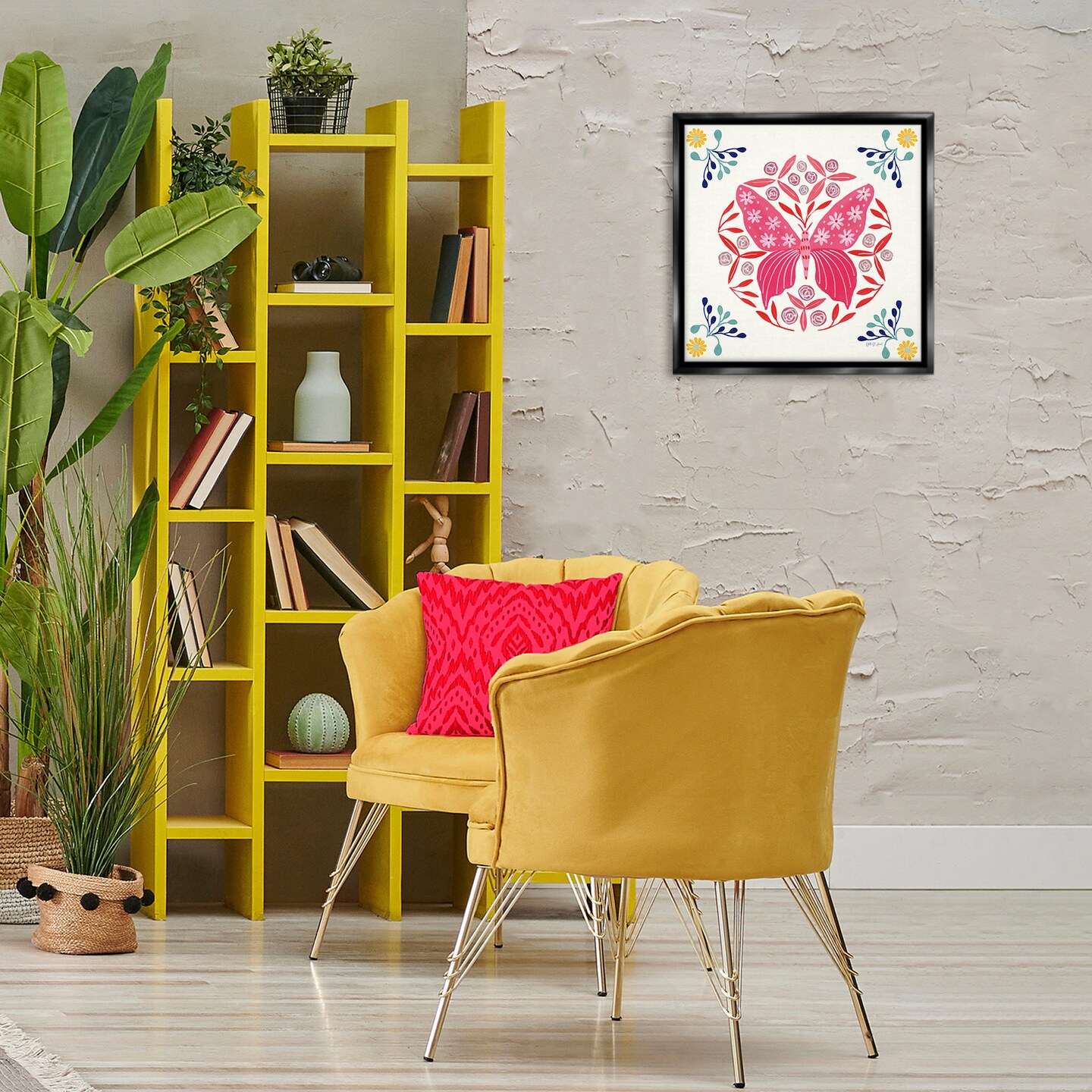 Stupell Industries Pink Folk Butterfly Floater Framed Canvas Wall Art Design by Yvette St. Amant