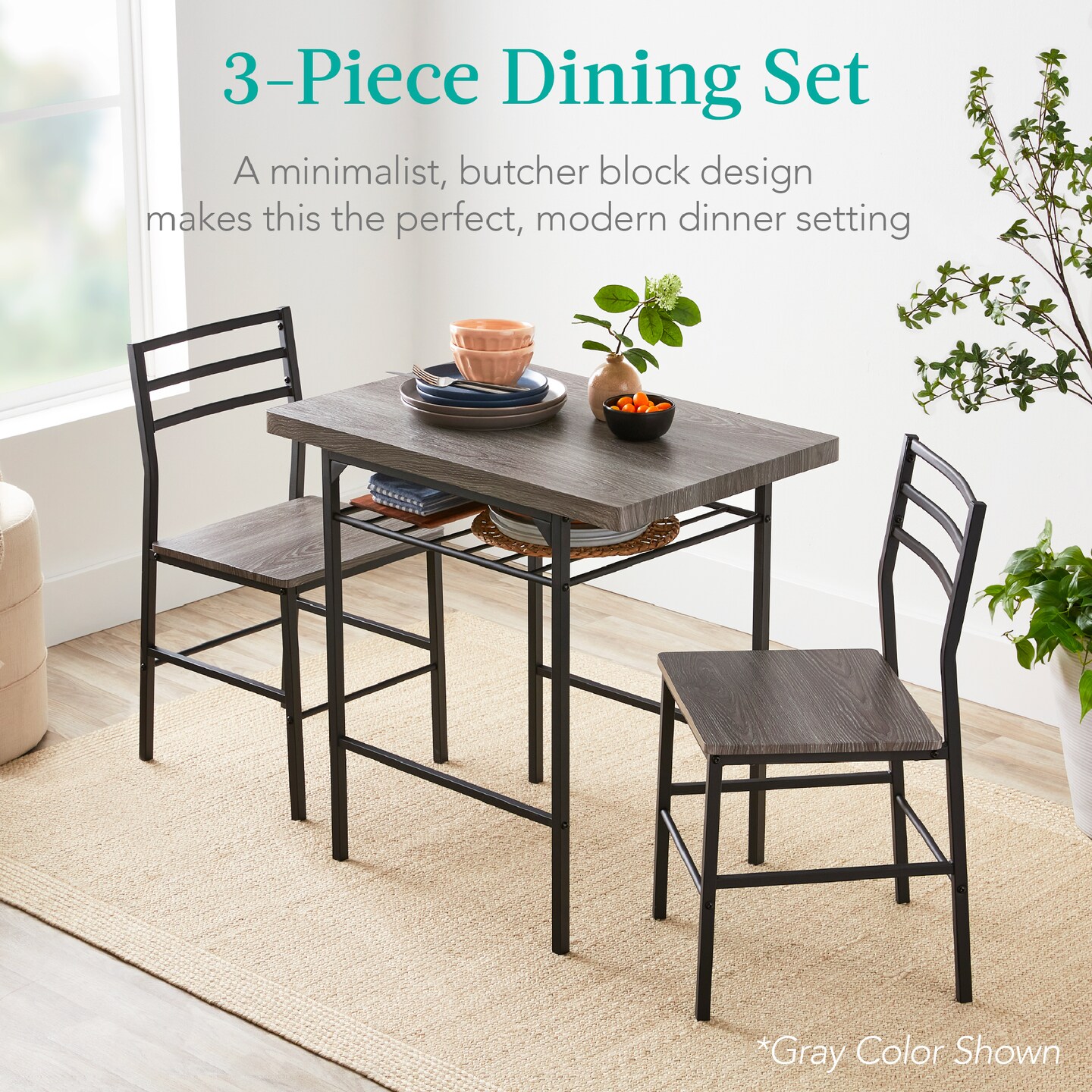 Best Choice Products 3-Piece Modern Dining Set, Square Table &#x26; Chairs Set w/ Steel Frame, Built-In Storage Rack