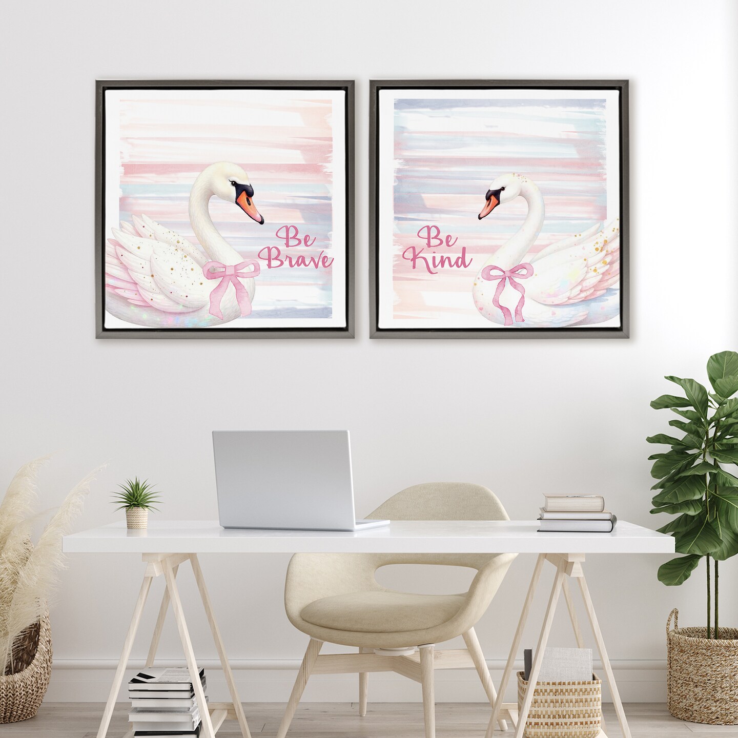 Stupell Industries Be Brave & Kind Pastel Swan 2pc Floating Frame Set, design by Kim Allen