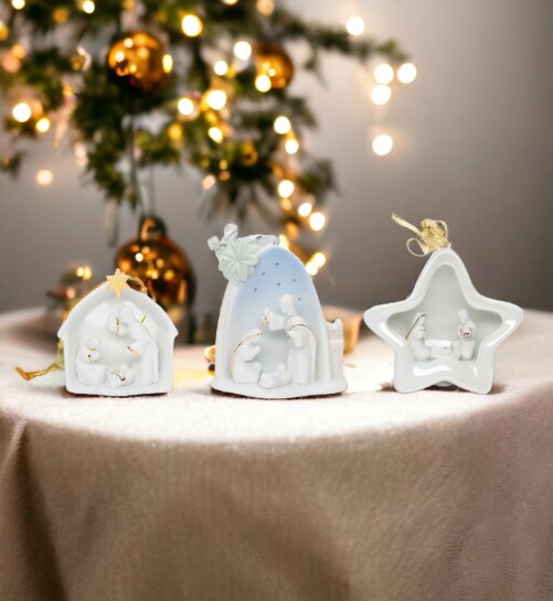 Ceramic Nativity Scene Christmas Tree Ornaments-Set of 3, Home D&#xE9;cor, Gift for Her, Gift for Mom, Religious D&#xE9;cor, Christmas D&#xE9;cor