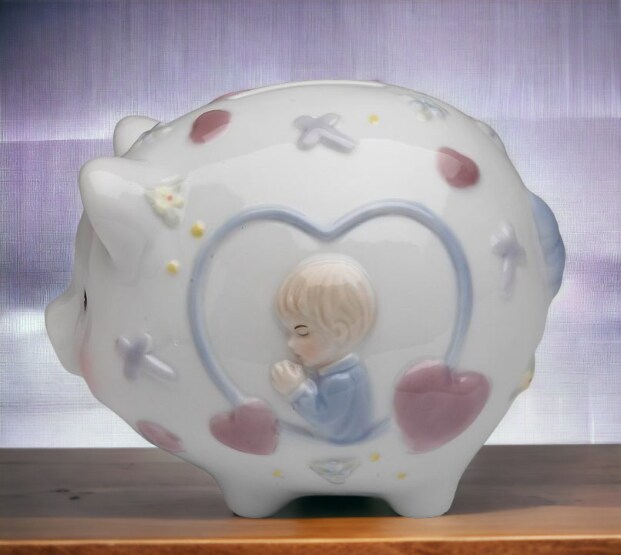 Ceramic Praying Boy Piggy Bank, Home D&#xE9;cor, Religious D&#xE9;cor, Religious Gift, Church D&#xE9;cor, Baptism Gift, Nursery Room Decor