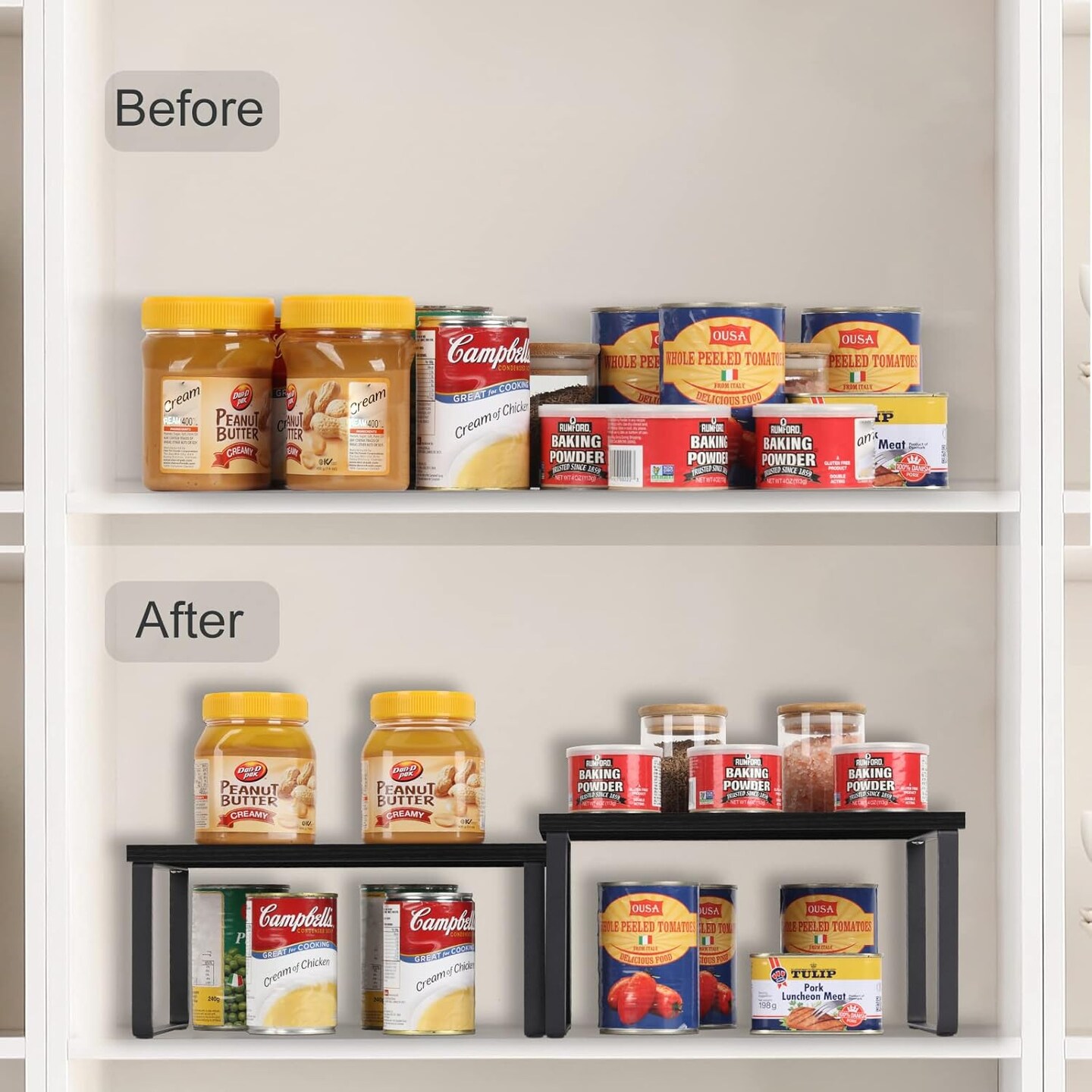 4pcs Kitchen Counter Shelves Stackable Shelf Organizer Wood Countertop Shelf Expandable Cabinet Shelf Organizers Countertop Storage Rack for Pantry, Industrial Black