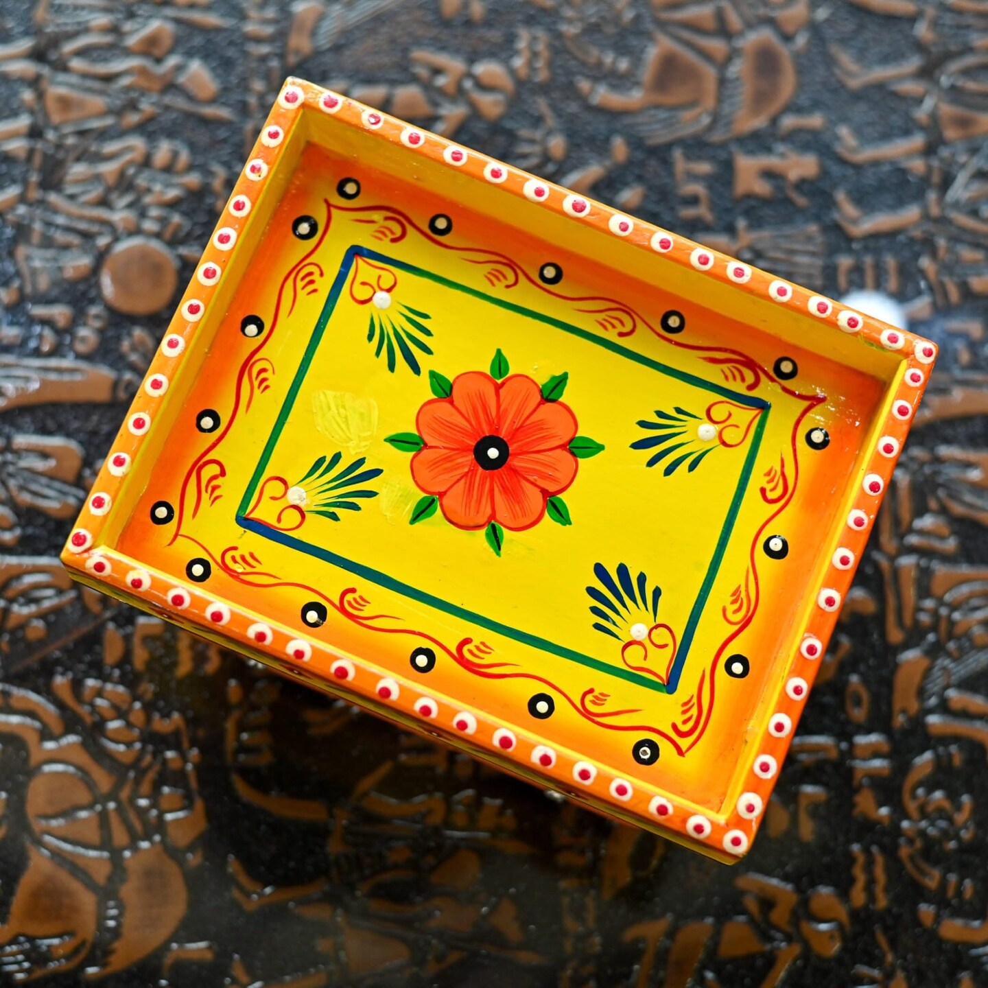 Wooden Trolley with Wheels Hand Painted Serving Tray Indian Decorative Platter for Snack Tea Home Kitchen Restaurant Table Decor Great Gift Idea