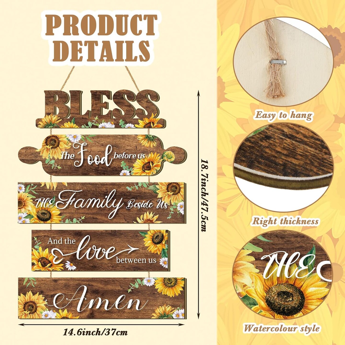 Sunflower Kitchen Wall Decor Bless The Food Before Us Sign Farmhouse Wooden Signs Rustic Dining Room Wall Art Country Vintage Hanging Decoration for Home Kitchen Room(Classic Style)