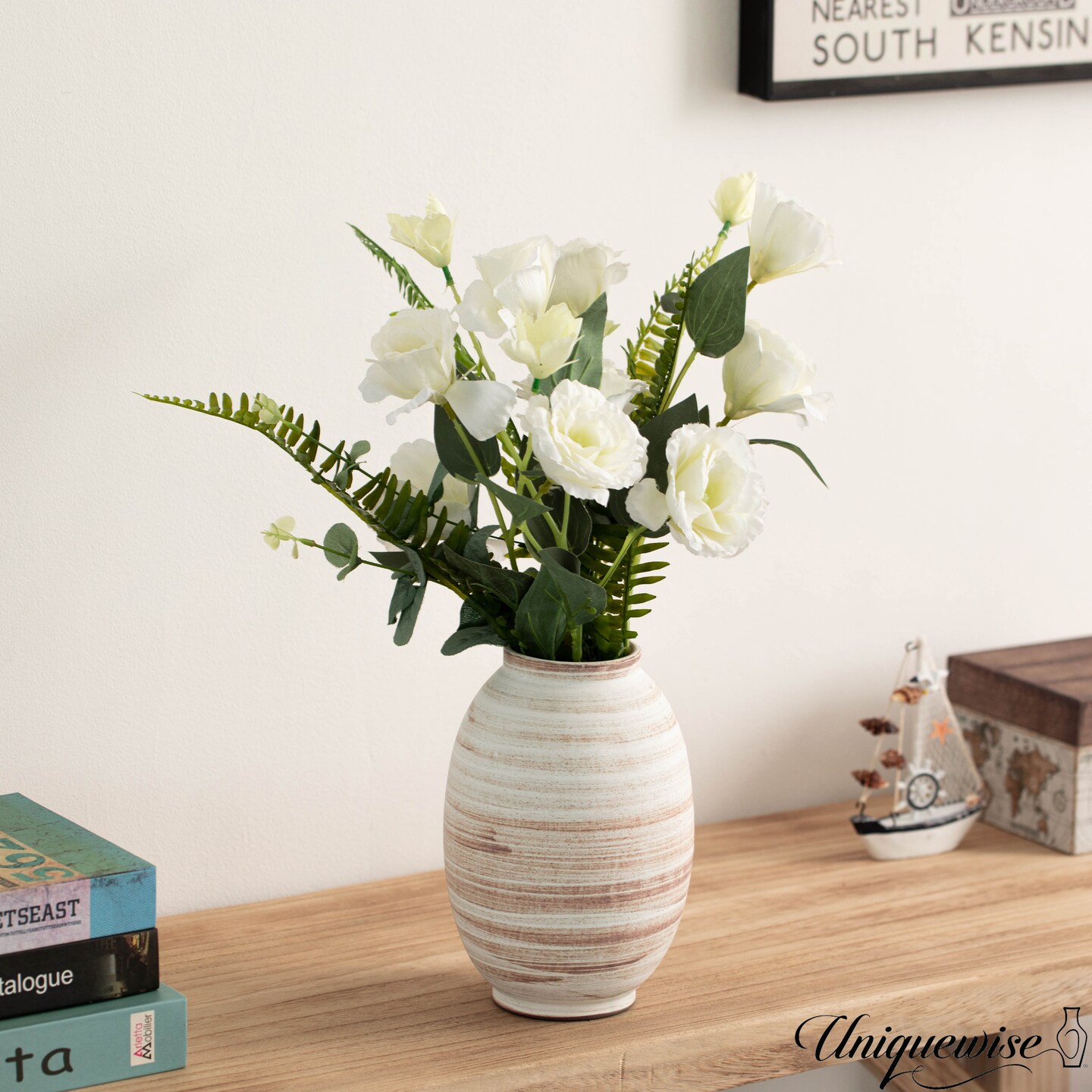 Uniquewise 8" Whitewashed Distressed Ceramic Farmhouse Vase, Rustic Vintage Pottery for Home Decor Countertop Shelf Mantel Table Centerpiece Floral Arrangement Cottagecore and Country-Style Decoration