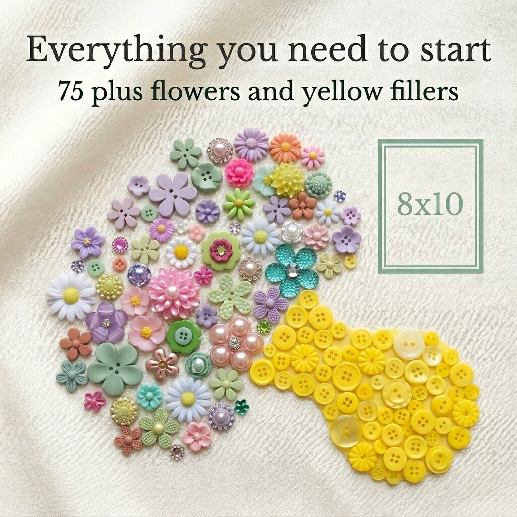 Flower Button Art Bundle | 75+ Assorted Flower Buttons + Yellow Fillers | Craft & DIY Decor Kit (8” x 10” Frame Size)