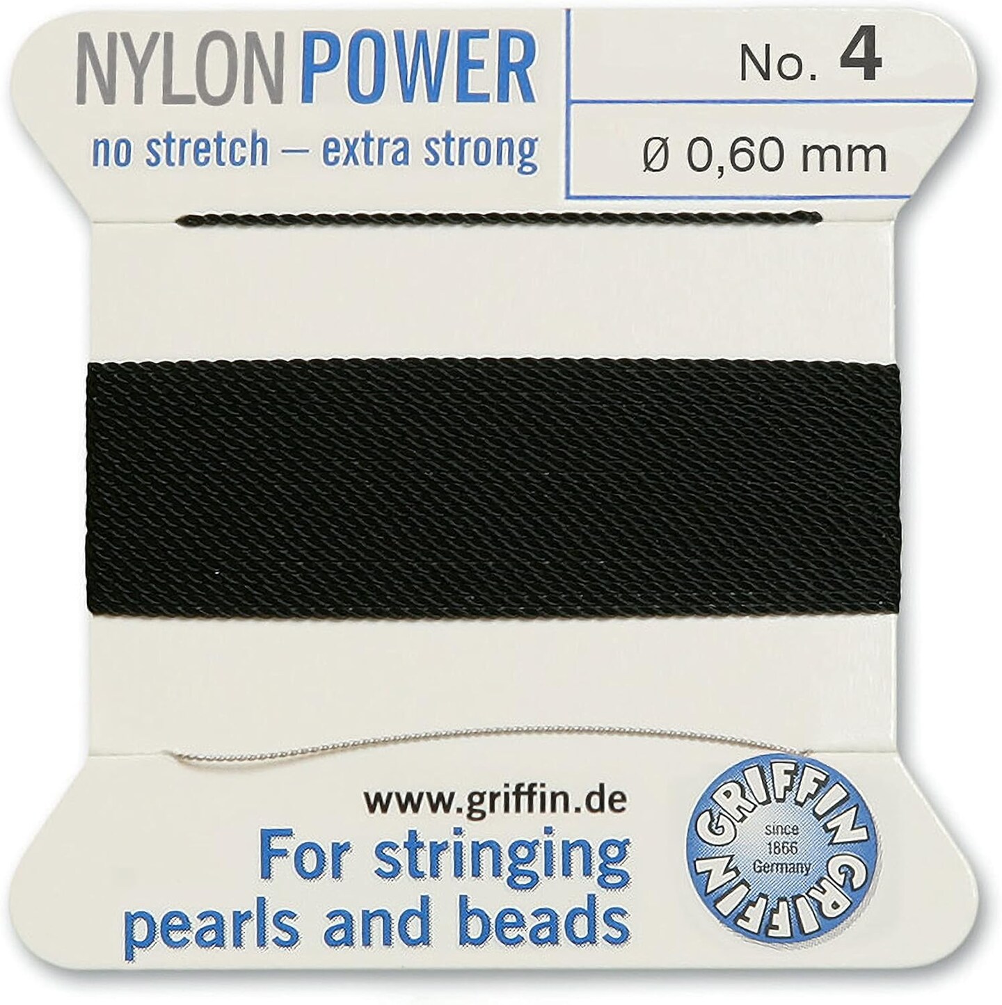 Griffin Nylon Bead Cord Perlseide – Size 4 (0.60mm) – 2 Meters per Card – Stainless Steel Needle Attached – for Knotting Pearls, Gemstones, Crystals and Beads