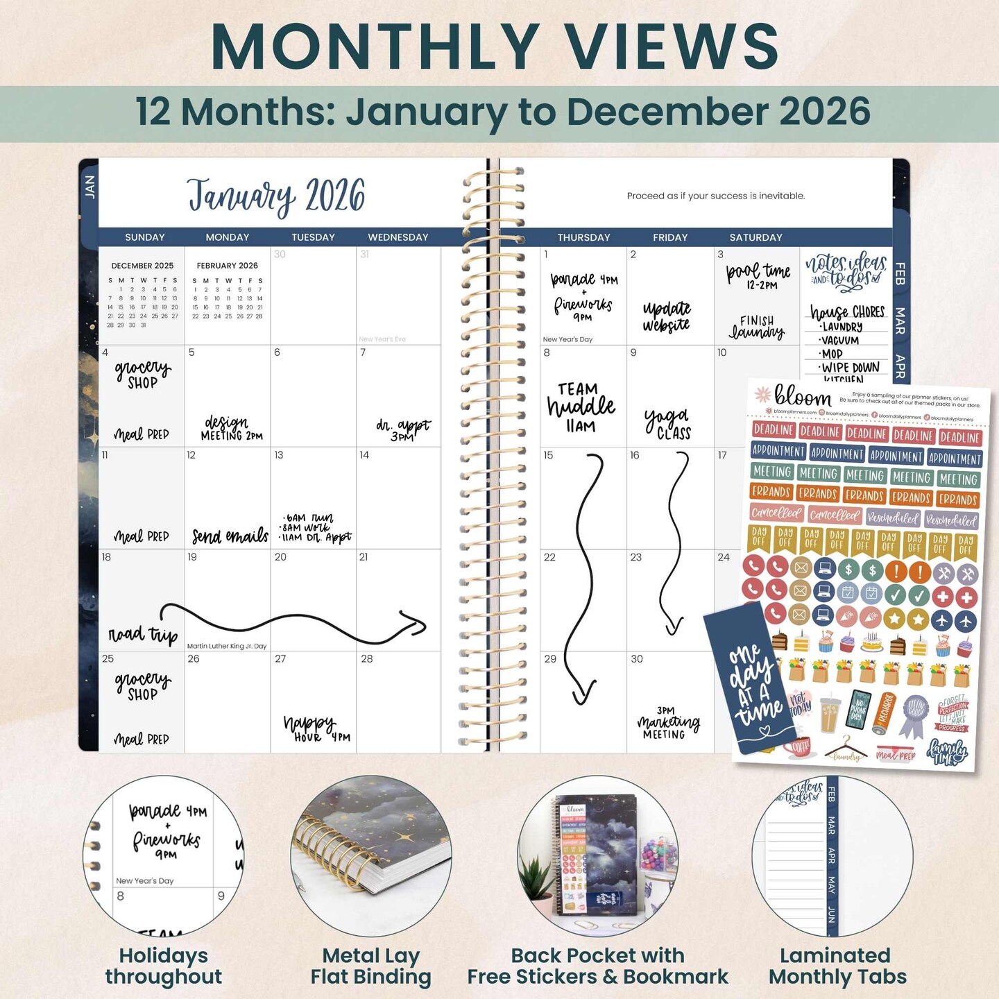 bloom daily planners 2026 Soft Cover Weekly & Monthly Planner, 5.5" x 8.25", Midnight Sky