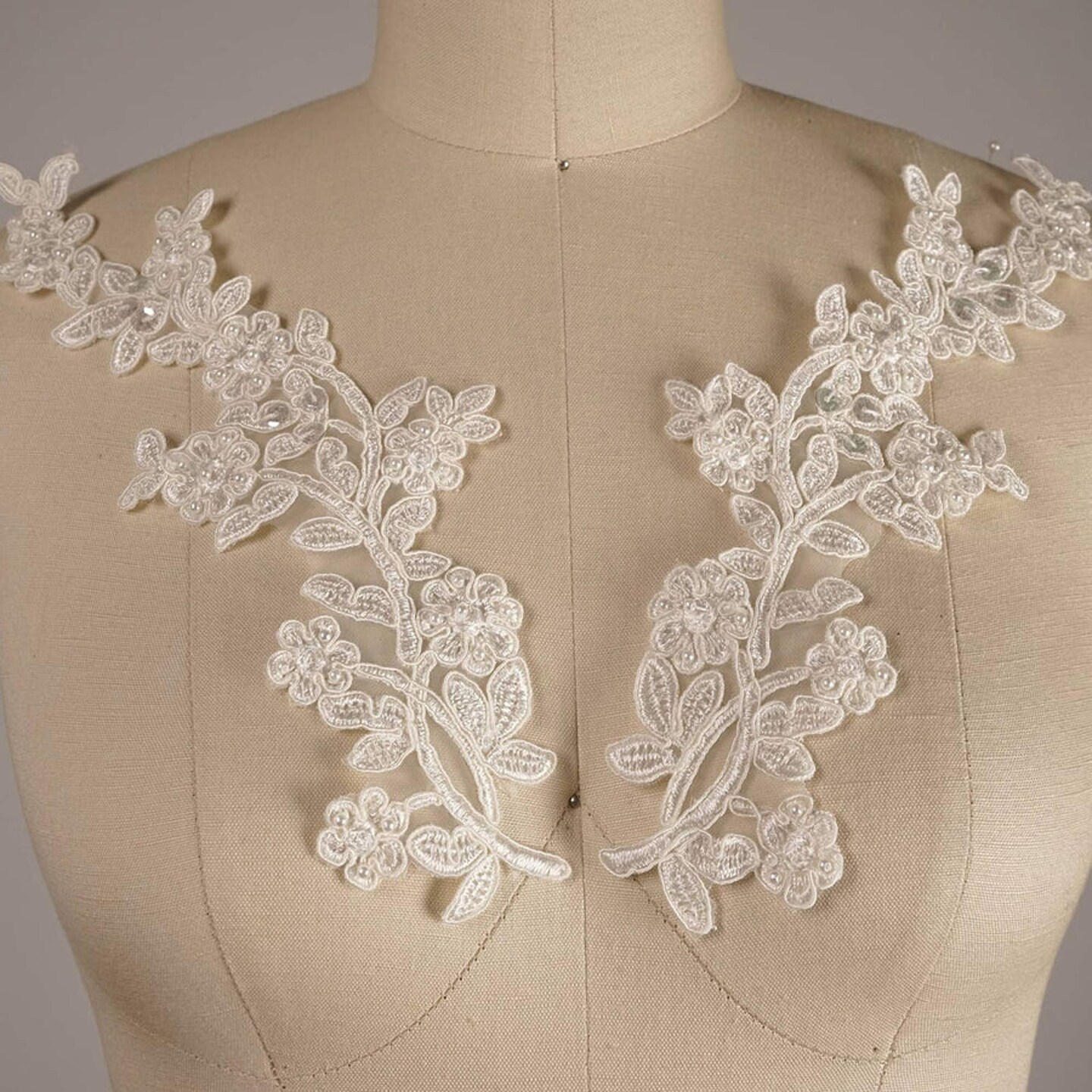 Ivory Beaded Bridal Appliques 10" Sequin Lace Pair for Wedding Gowns, Veils & Dresses