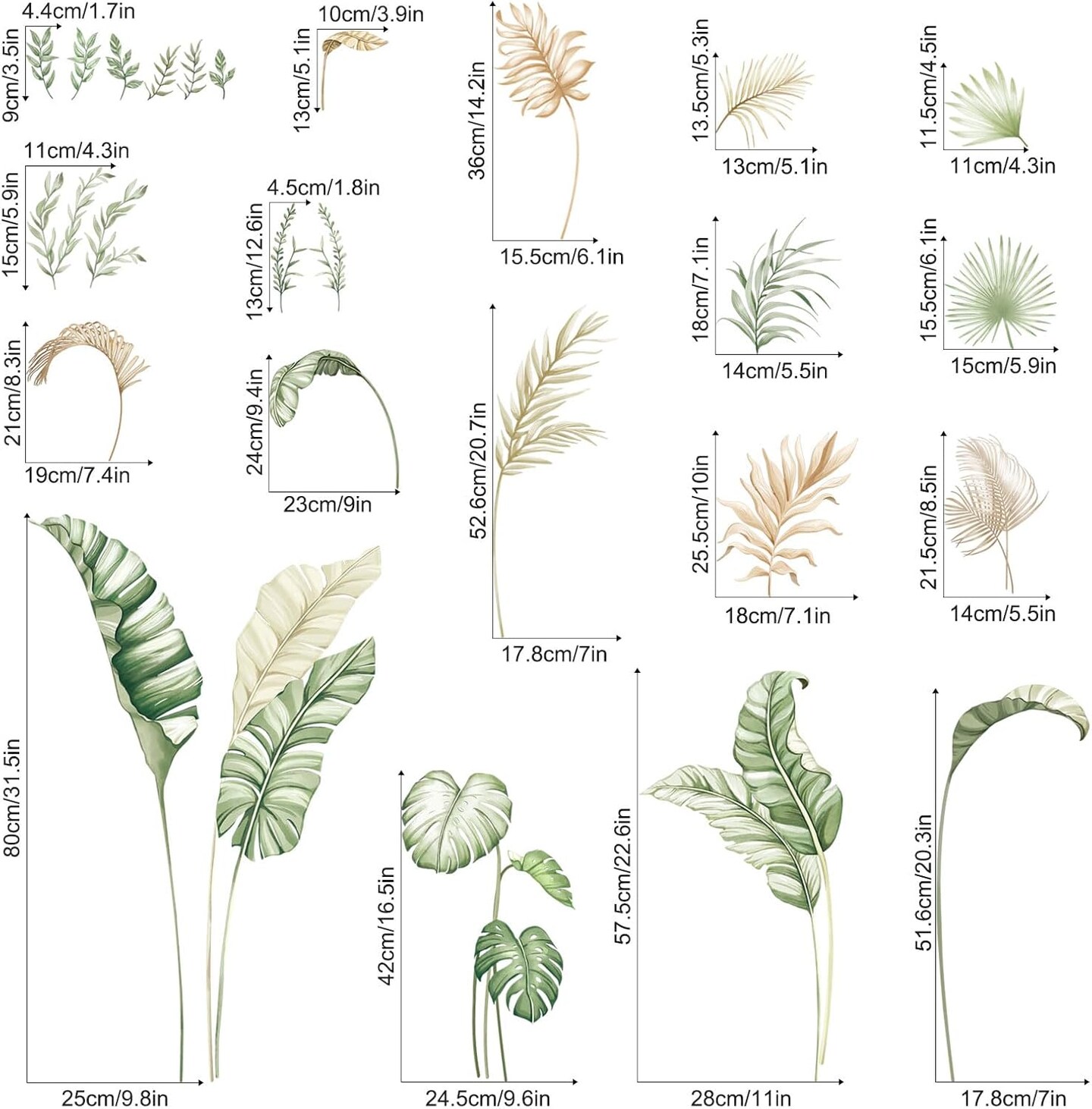 Boho Palm Leaves Wall Decals Green Tropical Plants Wall Stickers
