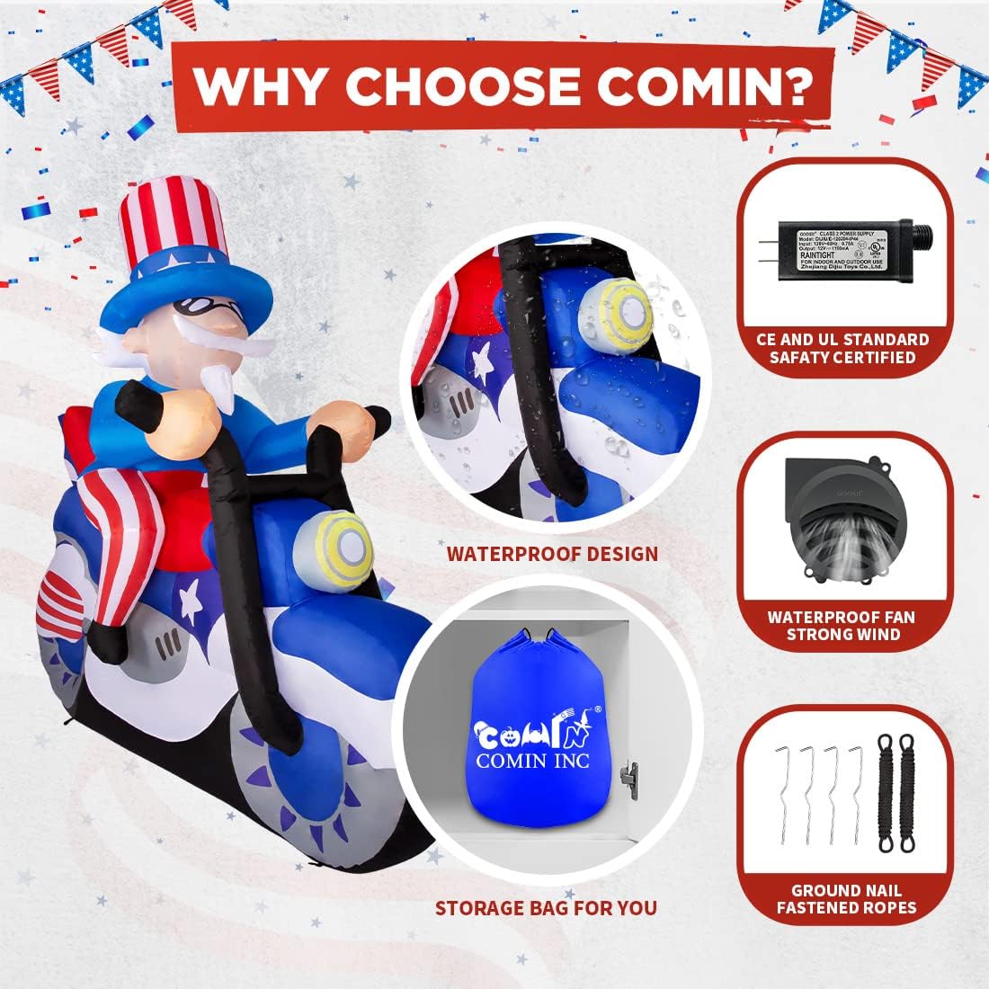 GOOSH 6.4FT Long 4th of July Patriotic Inflatable Uncle Sam on Motorcycle Independence Day Yard Decorations Built-in LEDs