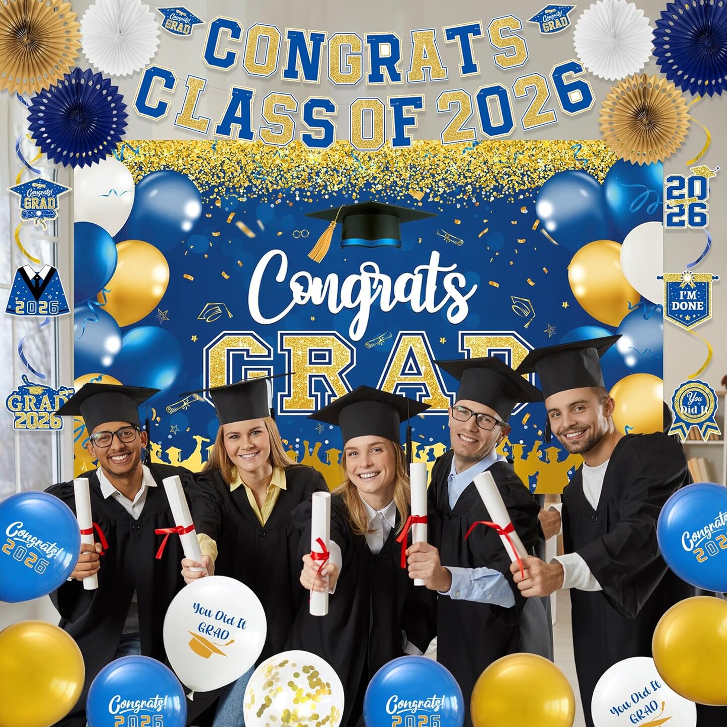 Graduation Decorations Men Women, Blue Gold Congrats Grad Banner Balloons Hanging Swirls Centerpieces, Blue Class of 2026 Party Supplies Indoor/Outdoor, Graduation Photo Backdrop Background