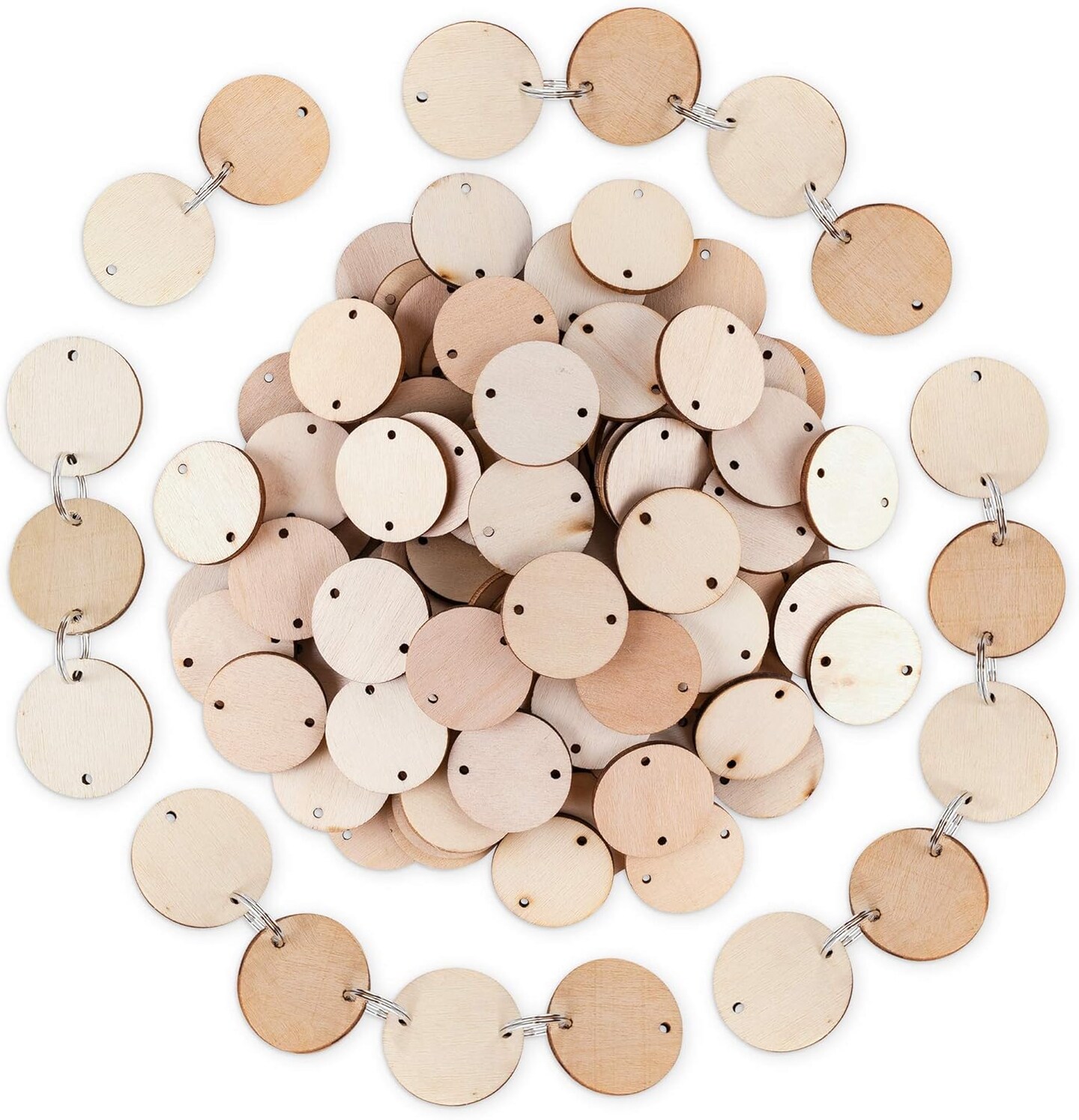 100 Wood Rounds and 100 Key Rings Wooden Circle Discs (1" Inch)