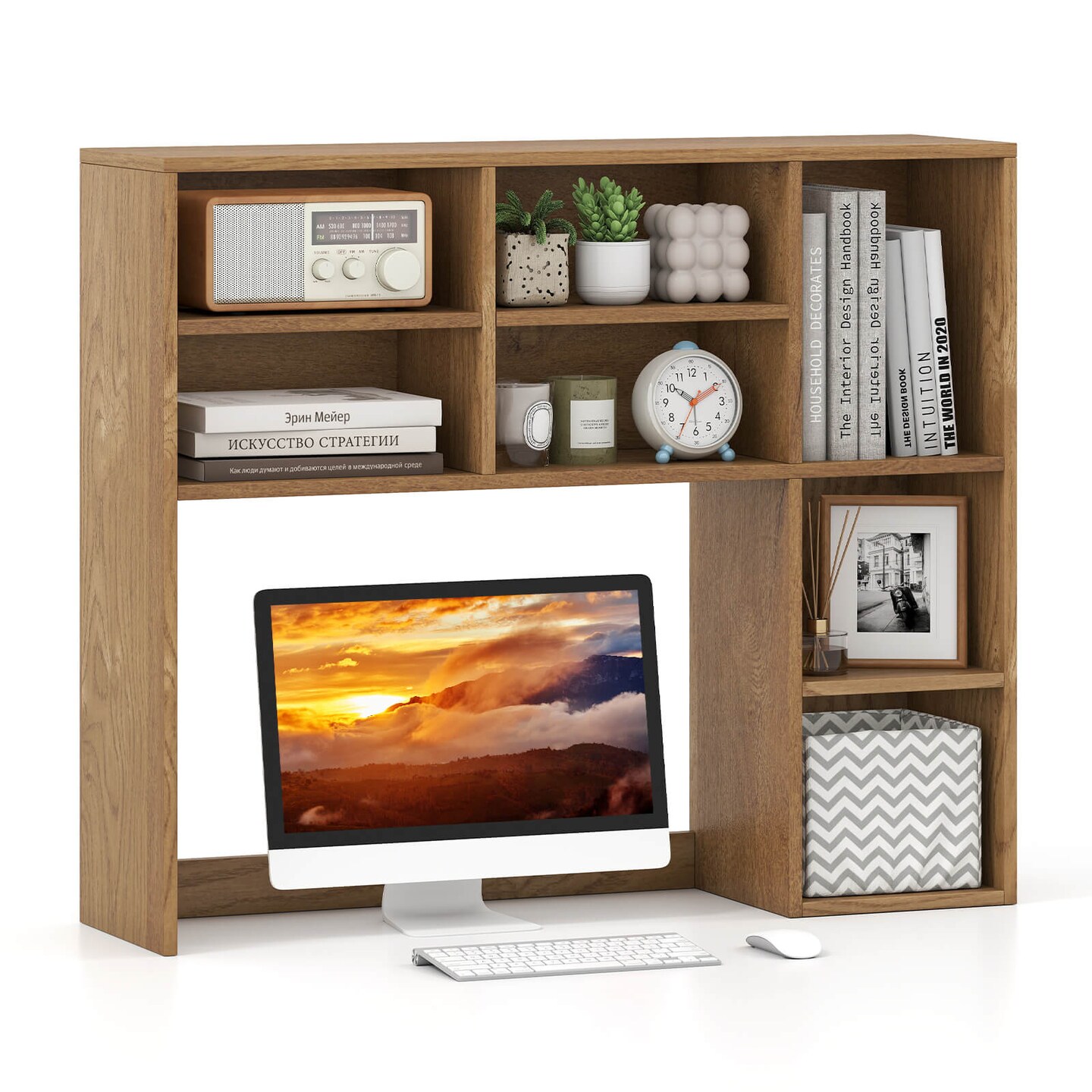 Costway Desktop Bookshelf Desk Storage Hutch with 7 Open Cubbies & 3 Adjustable Shelves Natural/Beige/Gray/Brown/White