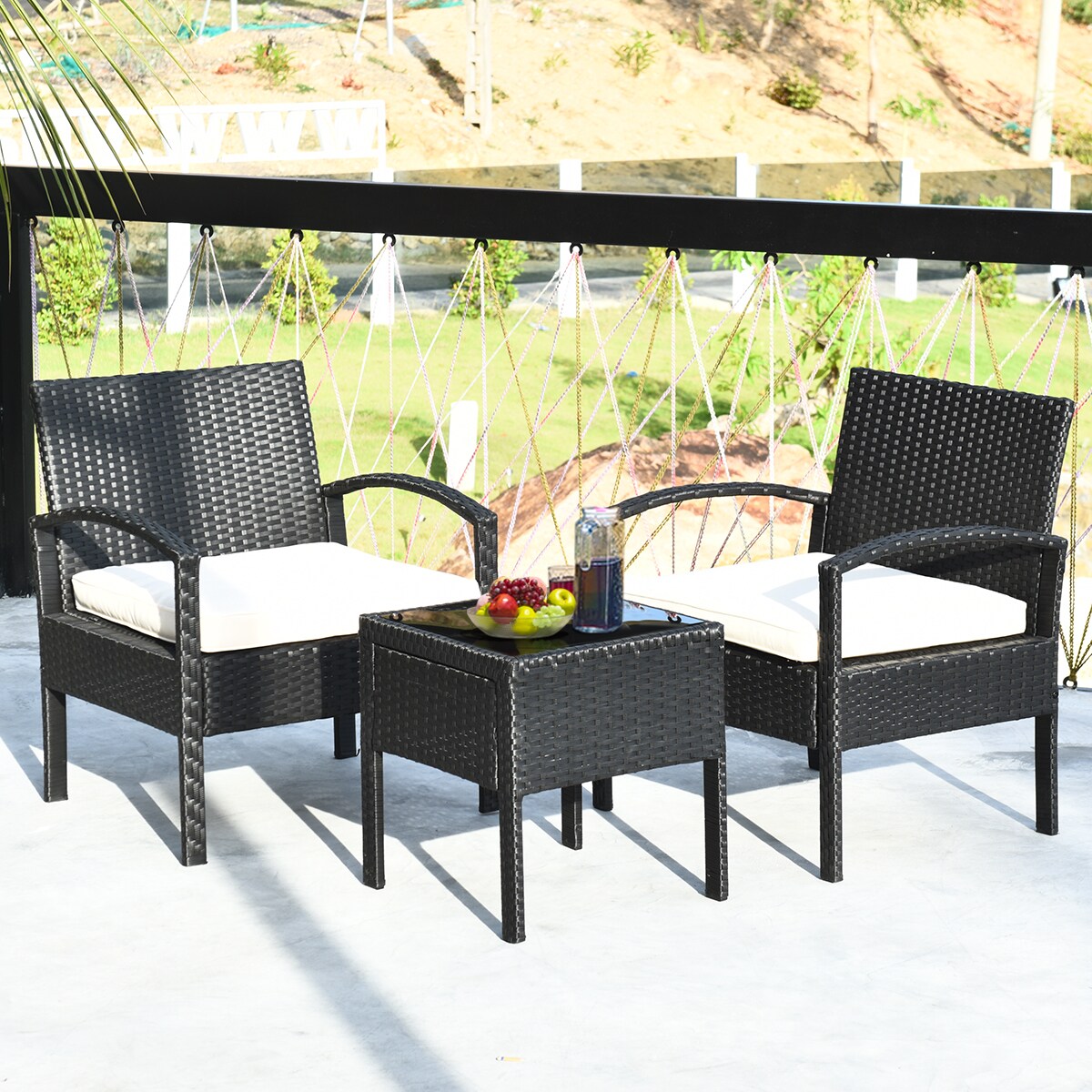 Costway 3PCS Patio Rattan Furniture Set Table & Chairs Set with Thick Cushions Garden