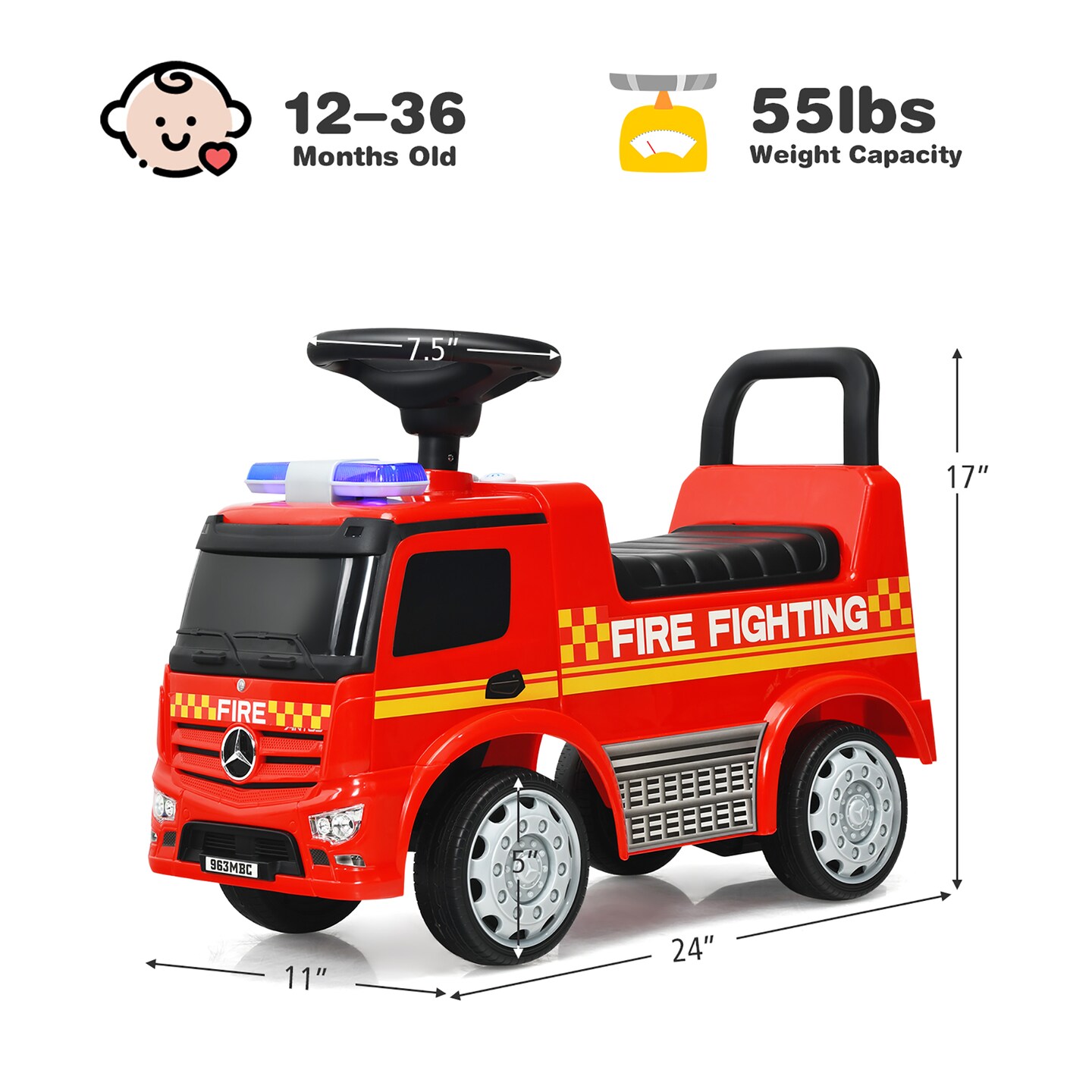 Costway Kids Ride On Fire Engine Licensed Mercedes Benz Push and Ride Racer Red