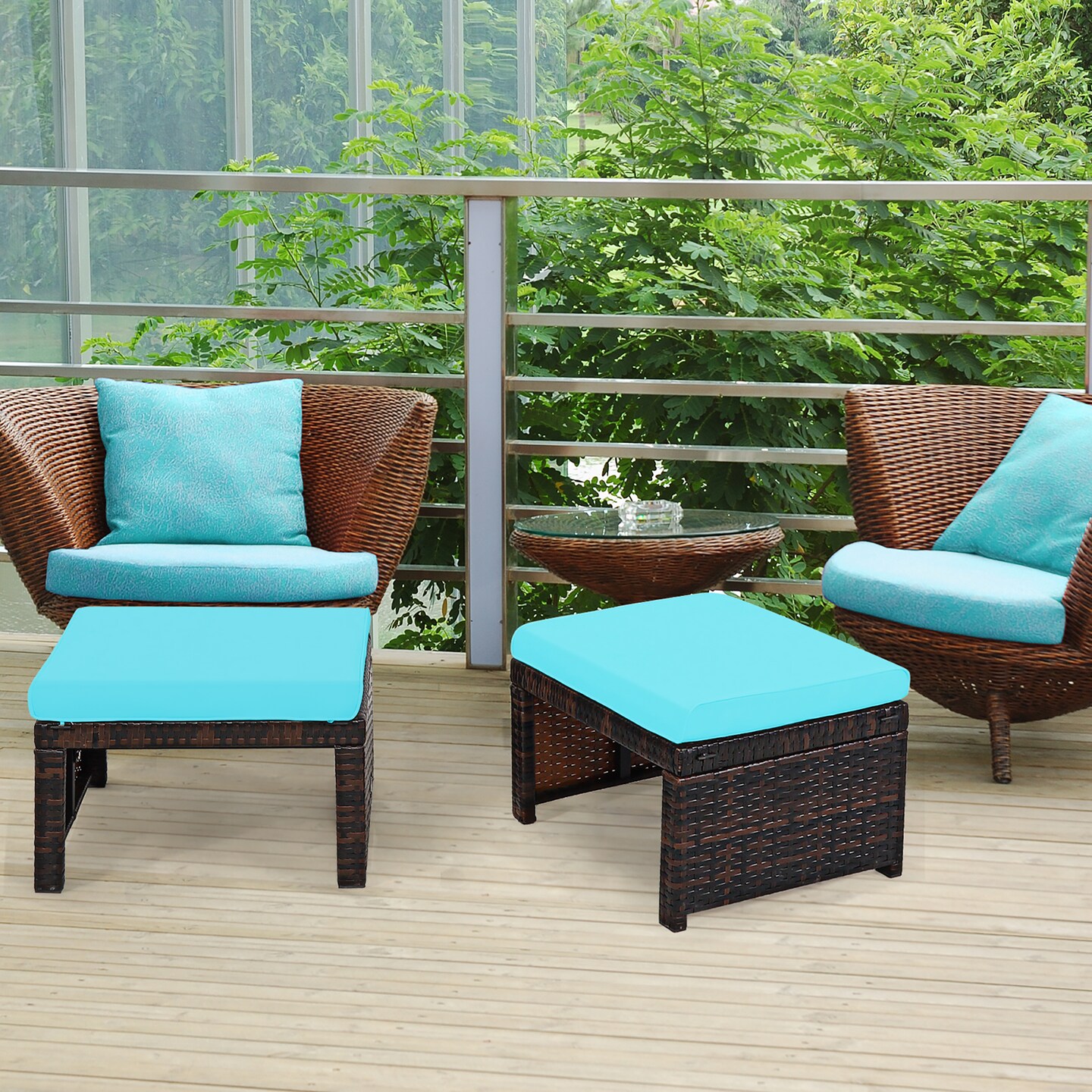 Costway 2PCS Patio Rattan Ottoman Cushioned Seat Foot Rest Furniture Turquoise\Red\White