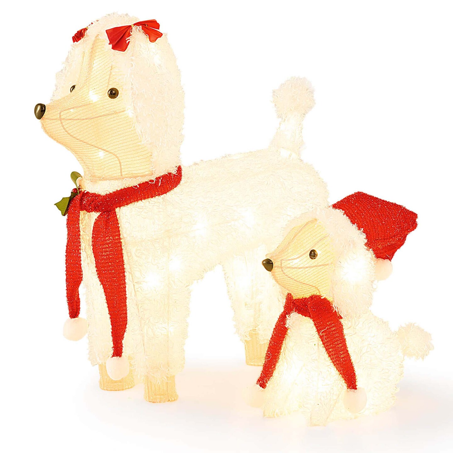 Costway Pre-lit Mama &#x26; Baby Poodle Dogs 60 Warm White LED Lights Red Hat &#x26; Scarf